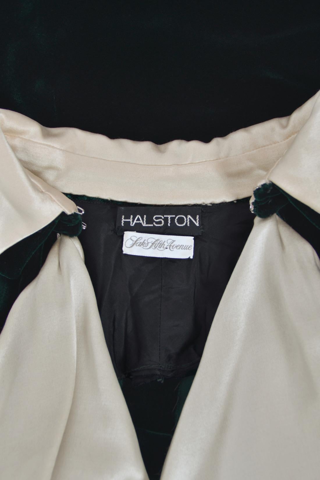 1970s Halston Couture Dark Green Velvet & Ivory Silk Ruffle Bodice Bias-Cut Gown For Sale 6