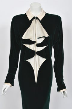 1970s Halston Couture Dark Green Velvet & Ivory Silk Ruffle Bodice Bias-Cut Gown