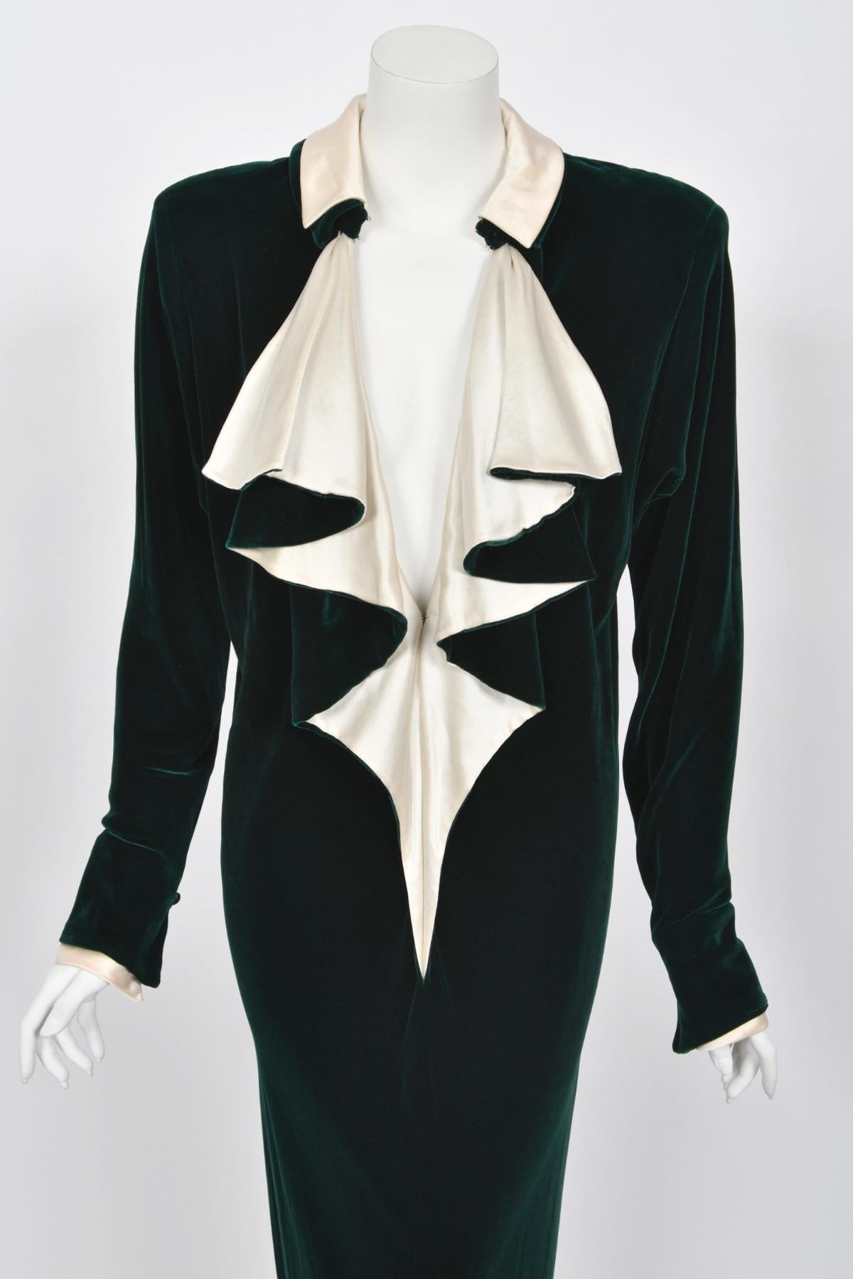 White 1970s Halston Couture Dark Green Velvet & Ivory Silk Ruffle Bodice Bias-Cut Gown For Sale