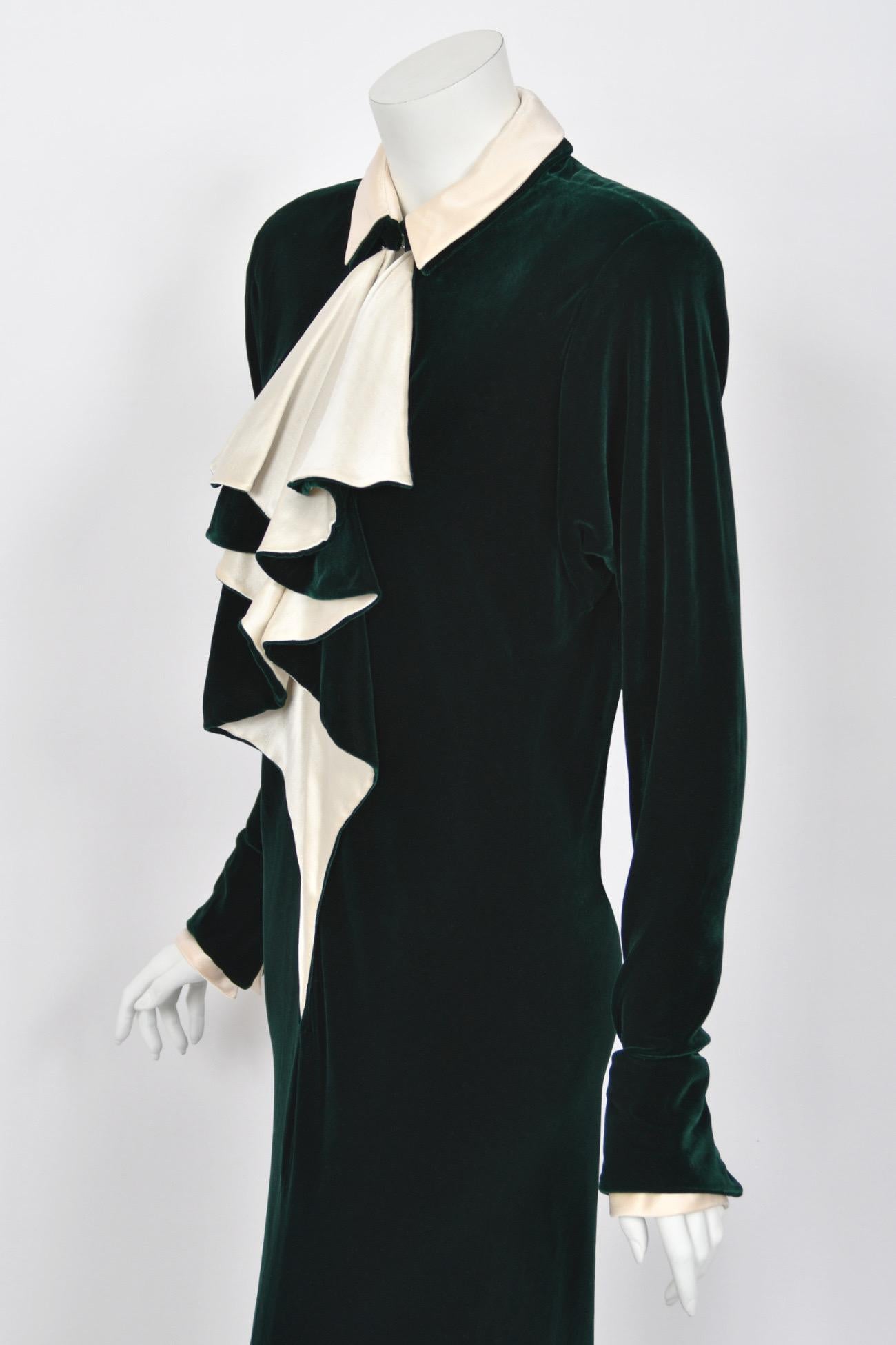 Women's 1970s Halston Couture Dark Green Velvet & Ivory Silk Ruffle Bodice Bias-Cut Gown For Sale