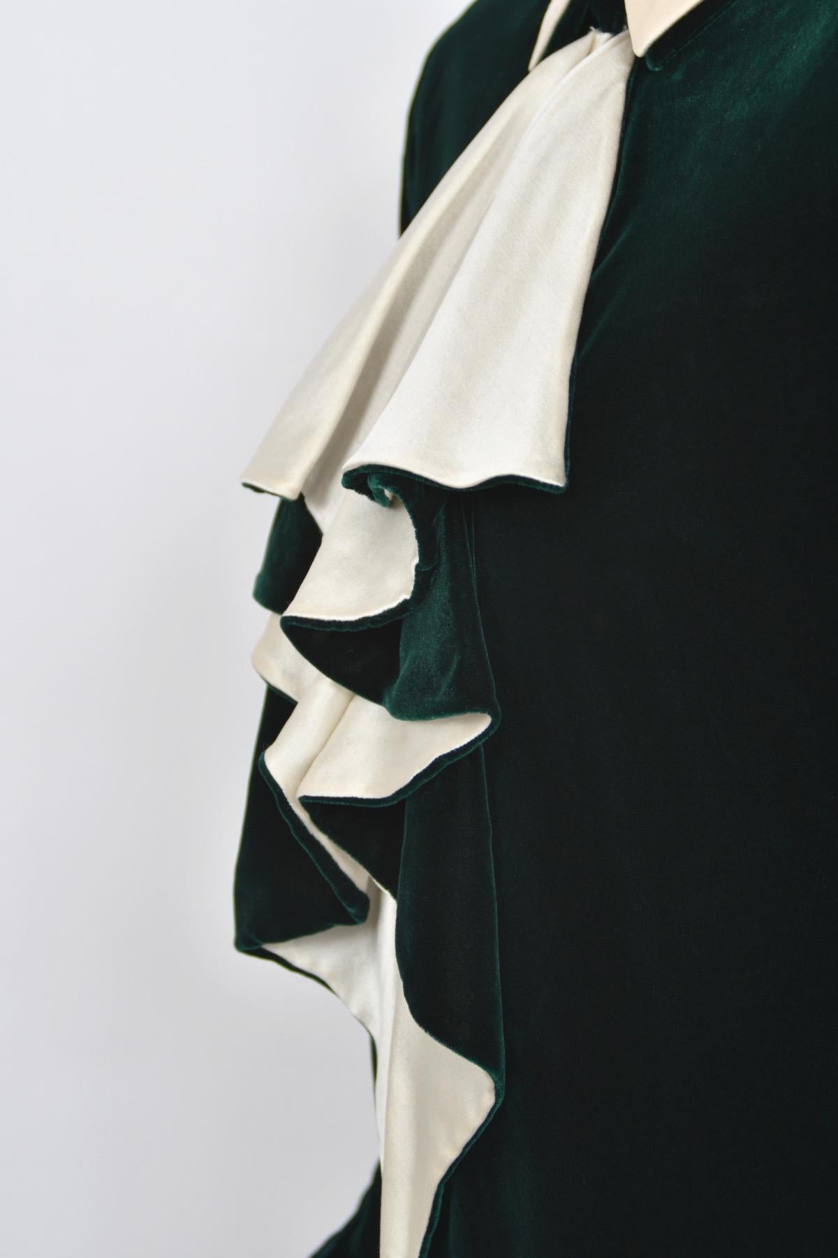 1970s Halston Couture Dark Green Velvet & Ivory Silk Ruffle Bodice Bias-Cut Gown For Sale 1