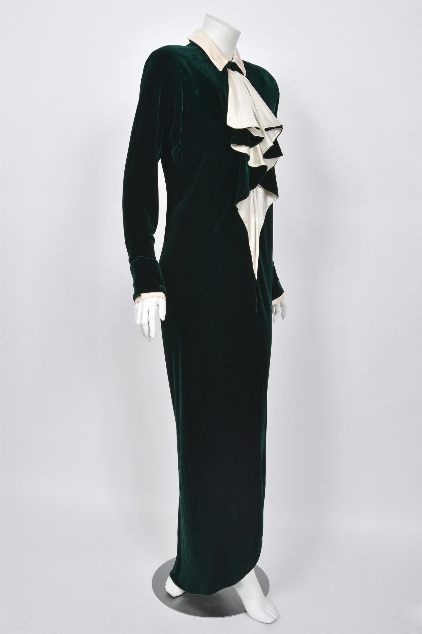 1970s Halston Couture Dark Green Velvet & Ivory Silk Ruffle Bodice Bias-Cut Gown For Sale 2