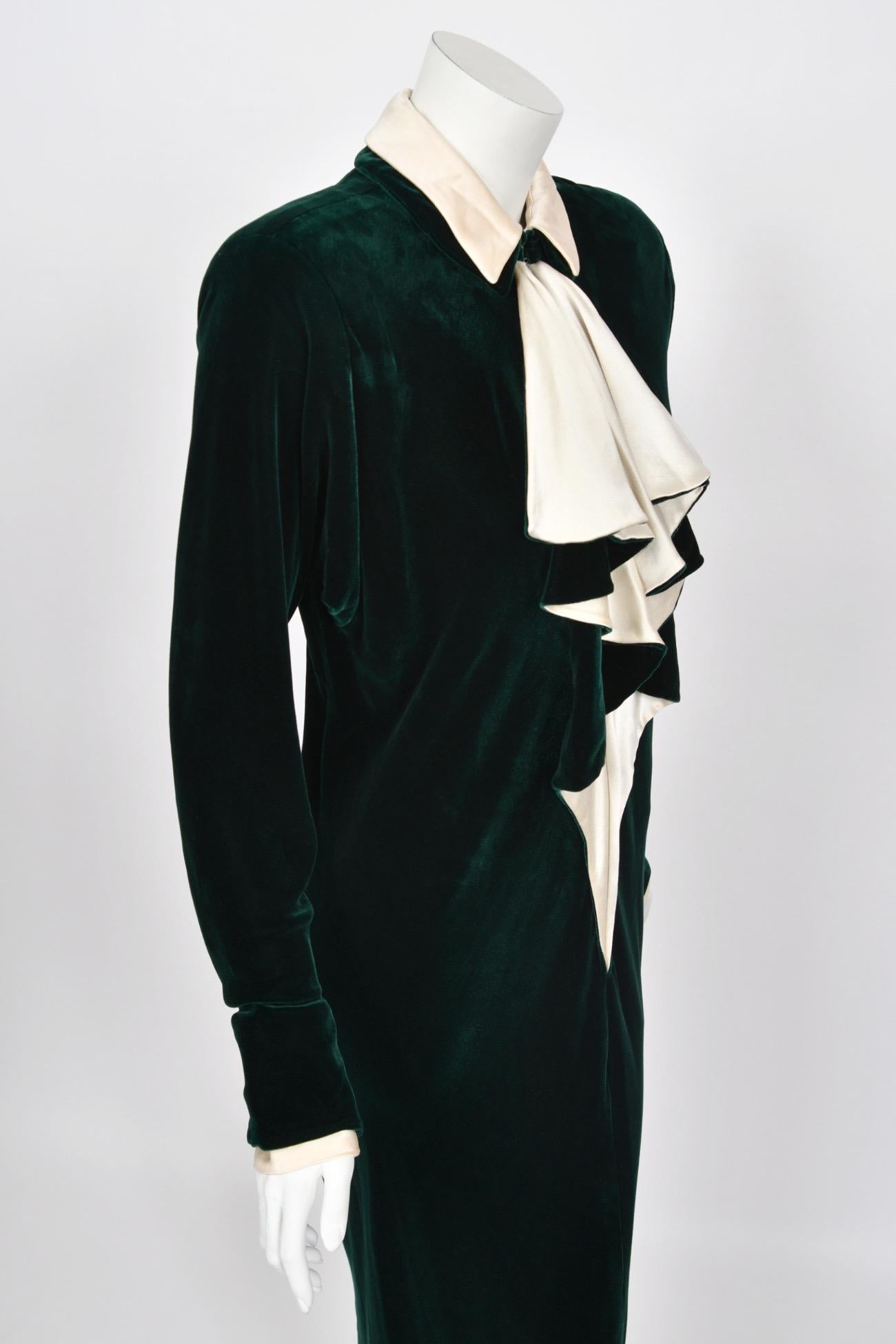 1970s Halston Couture Dark Green Velvet & Ivory Silk Ruffle Bodice Bias-Cut Gown For Sale 3
