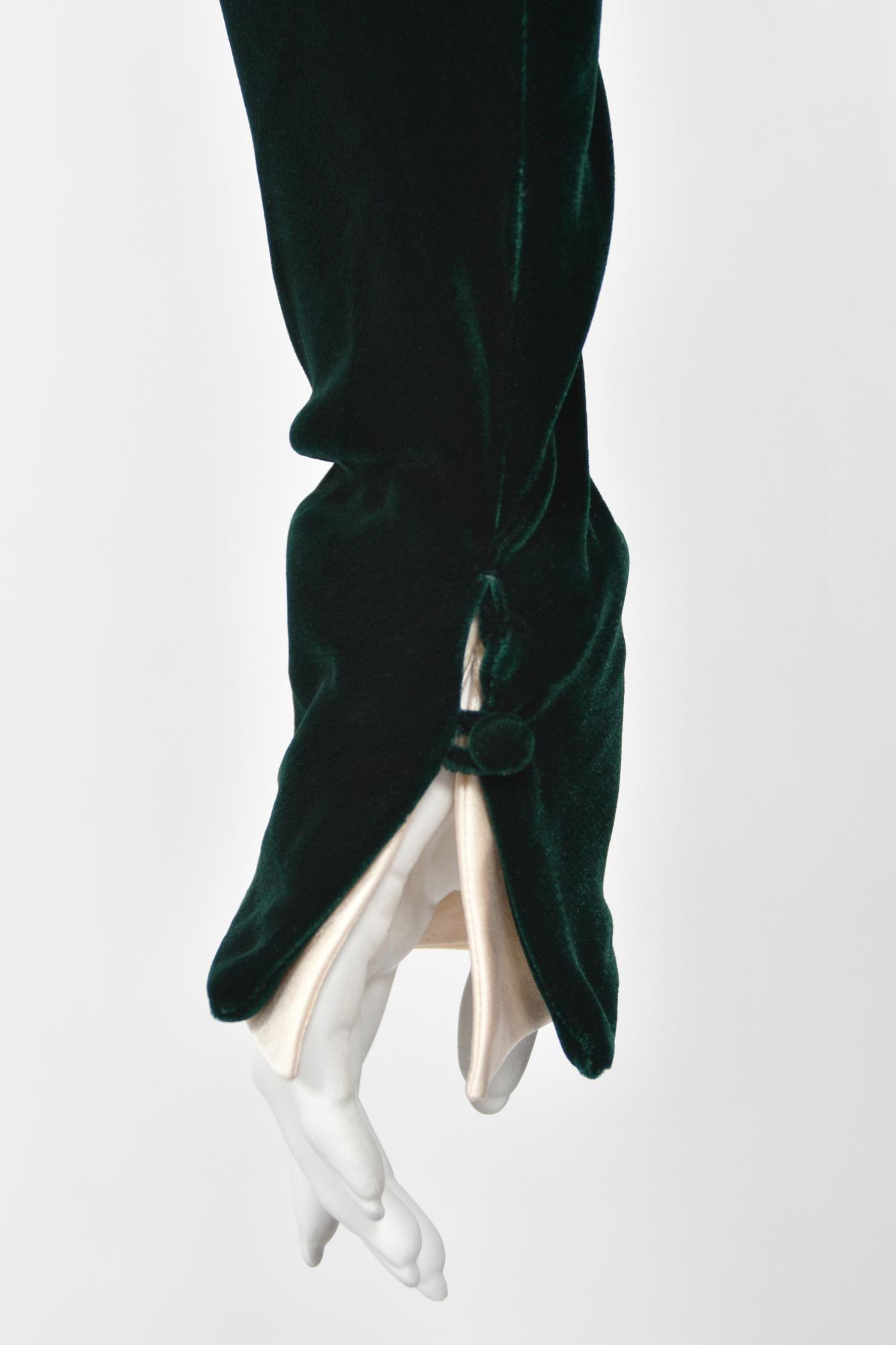 1970s Halston Couture Dark Green Velvet & Ivory Silk Ruffle Bodice Bias-Cut Gown For Sale 4