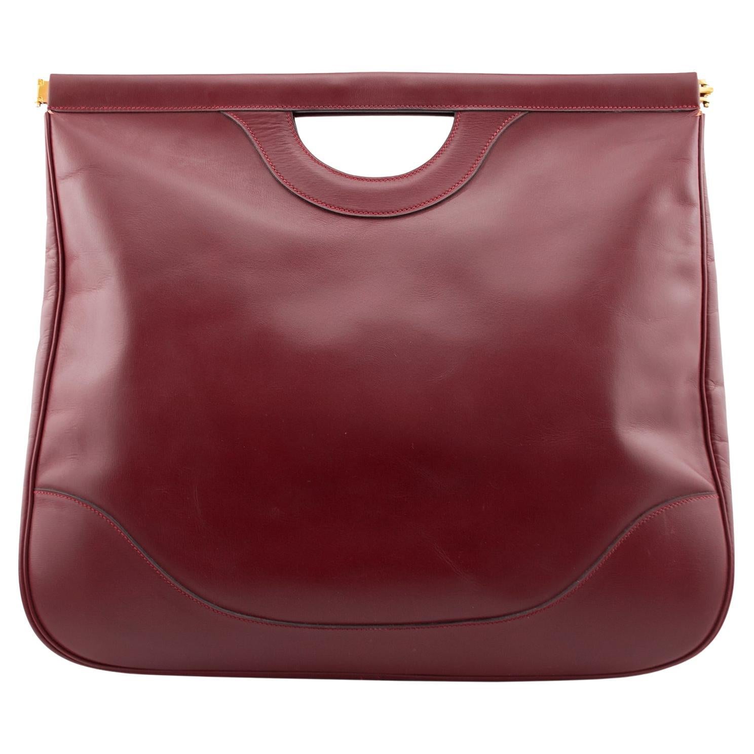 1979 Hermes Maroon Leather Cut Out Handle Shopper Tote For Sale