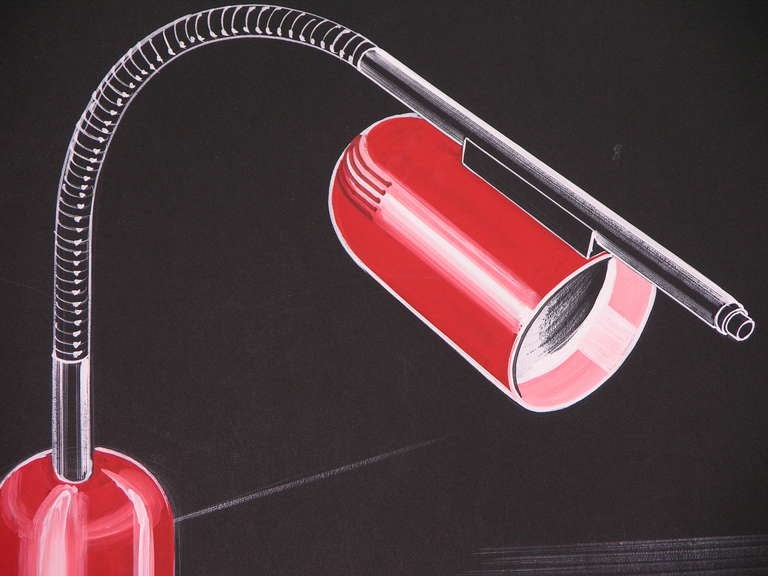Datierte industrielle Handzeichnung aus der Mitte des 20. Jahrhunderts, hochgradig sammelwürdiges italienisches modernes Produktdesign für ein Projekt einer roten Schreibtischleuchte, realisiert ohne Lineal in Pastellfarben und Gouache auf schwarzem