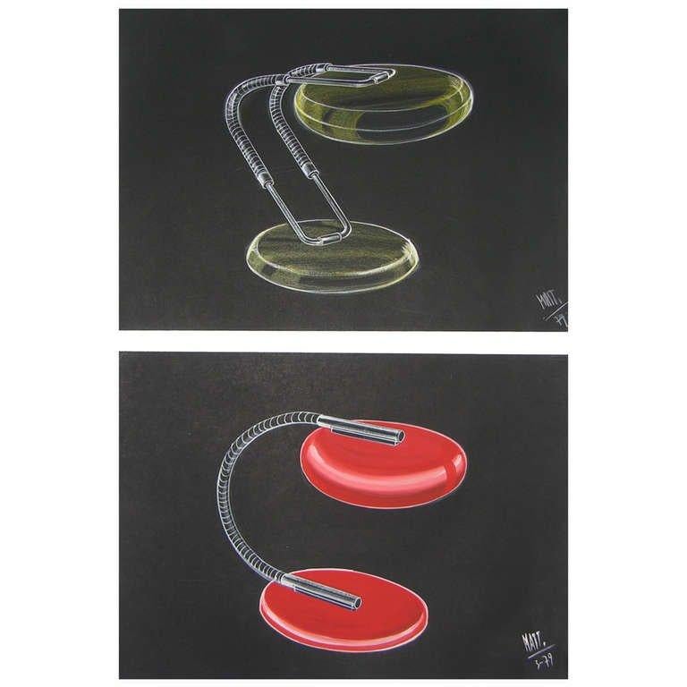 Crayon de couleur Un dessin de conception italienne de Mattioli pour un projet de lampe de bureau rouge moderne, 1979 en vente