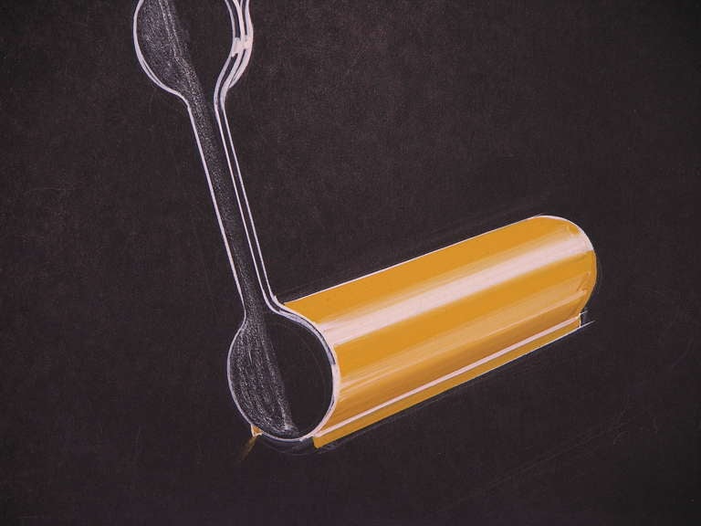 Dated mid-20th century industrial hand drawing, highly collectible Italian modern Product Design for a lacquer yellow desk light project, realized without ruler in pastels and gouache on black cardboard, by the Italian designer, inventor and painter