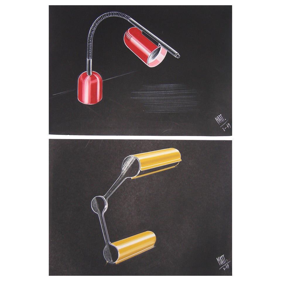 Hand-Painted 1979, Italian Design Drawing Sketch for a Desk Light Project by Luciano Mattioli For Sale