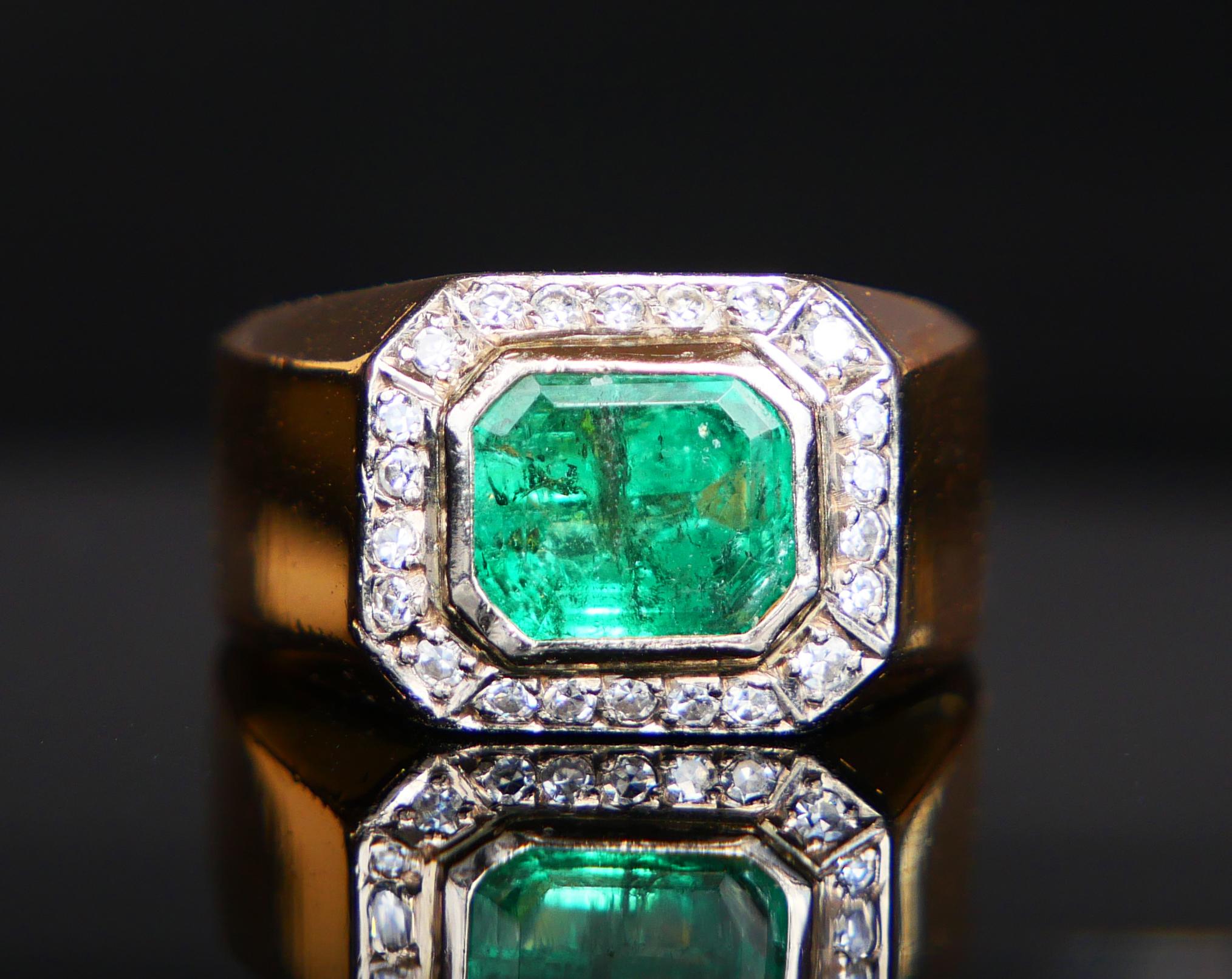 Rétro 1979 Homme Bague unisexe naturel 2.5ct Emeraude Diamants or massif 18K ØUS7.25 /19gr en vente