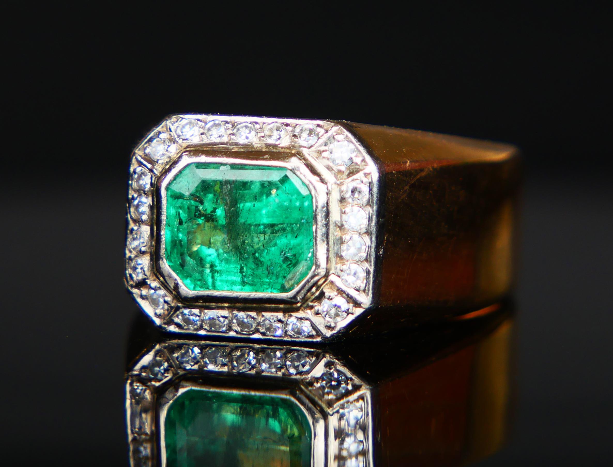 1979 Homme Bague unisexe naturel 2.5ct Emeraude Diamants or massif 18K ØUS7.25 /19gr en vente 1