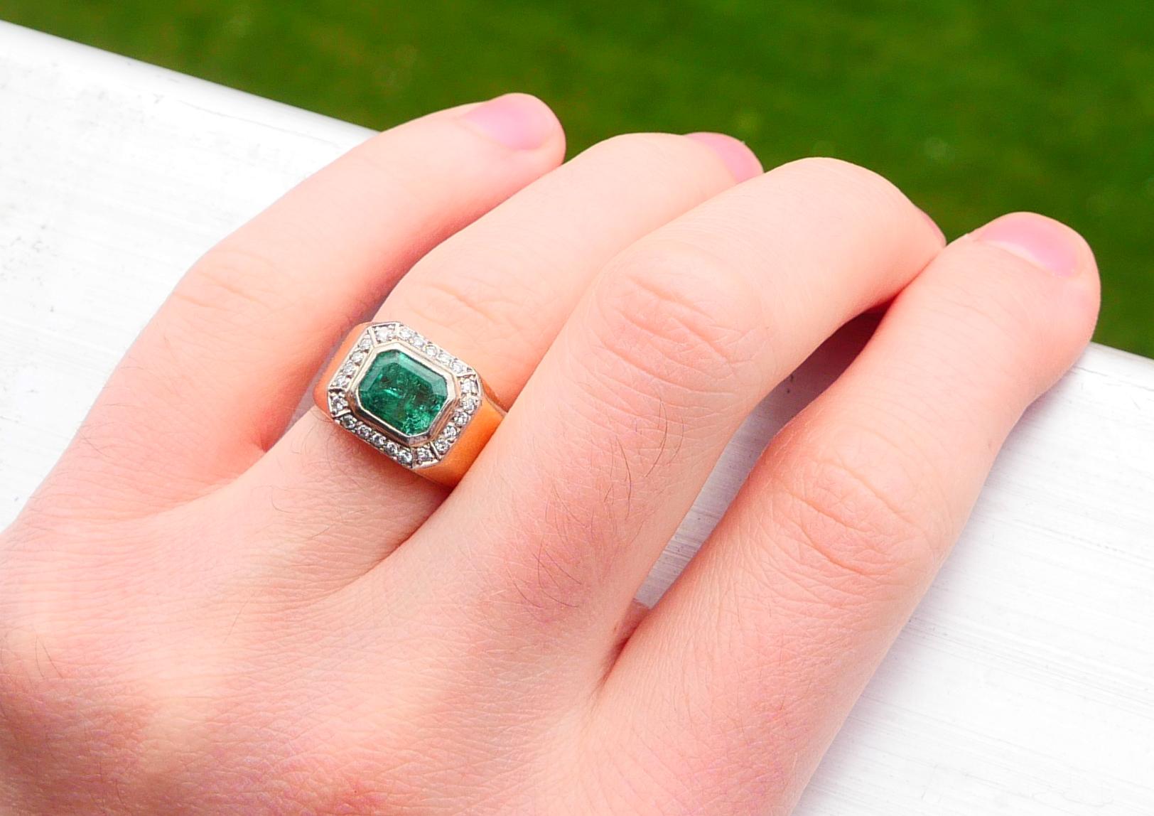 1979 Homme Bague unisexe naturel 2.5ct Emeraude Diamants or massif 18K ØUS7.25 /19gr en vente 2