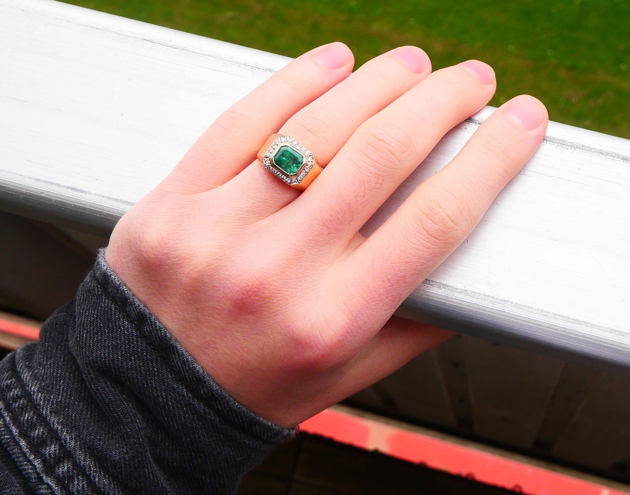 1979 Homme Bague unisexe naturel 2.5ct Emeraude Diamants or massif 18K ØUS7.25 /19gr en vente 3