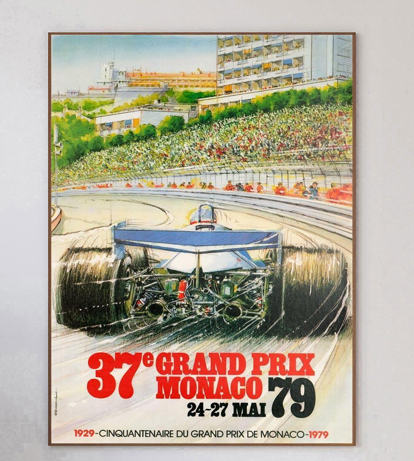 Questo poster è stato realizzato per il Gran Premio di Monaco del 1979, con una brillante illustrazione che mostra l'auto di Depailler che sfreccia sulla curva di fronte alla tribuna. L'opera d'arte, vivace e moderna, raffigura la velocità dei