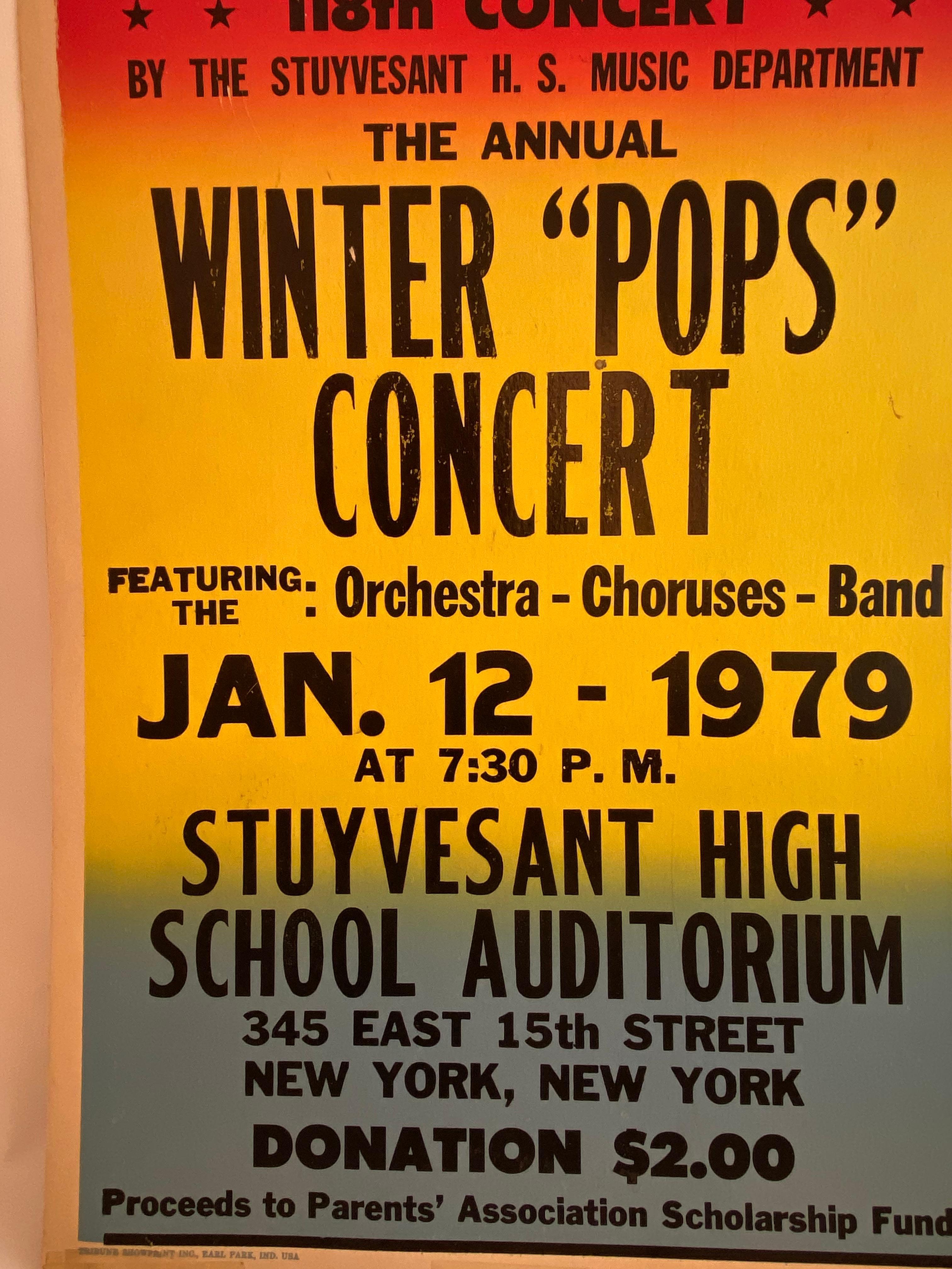 Schoolhouse Affiche de concert des pops d'hiver de l'École secondaire Stuyvesant de New York, 1979 en vente