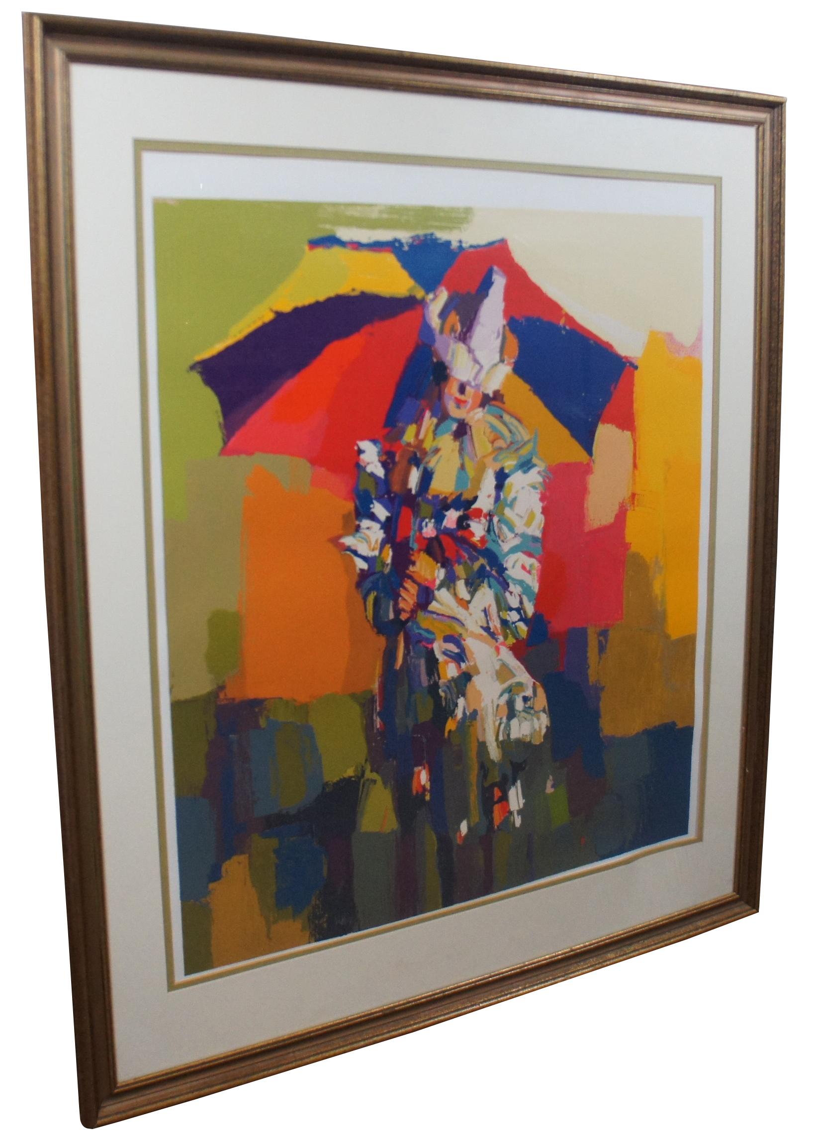 Expressionist 1979 Nicola Simbari Clown a l’ombrelle Serigraph Woman Umbrella For Sale