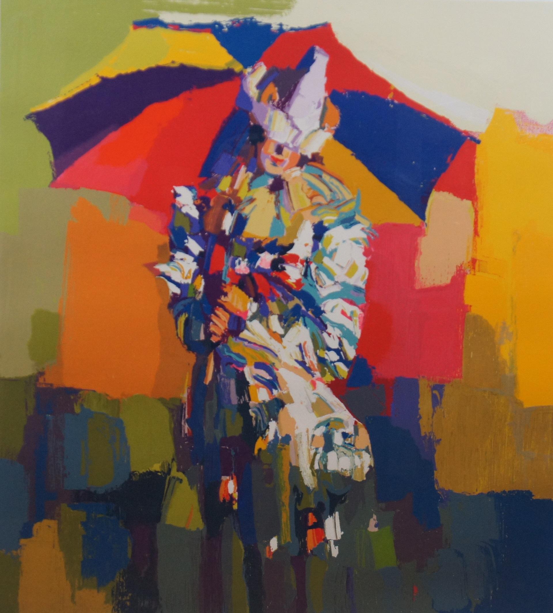 1979 Nicola Simbari Clown a l’ombrelle Serigraph Woman Umbrella In Good Condition For Sale In Dayton, OH