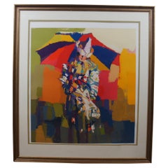 Vintage 1979 Nicola Simbari Clown a l’ombrelle Serigraph Woman Umbrella