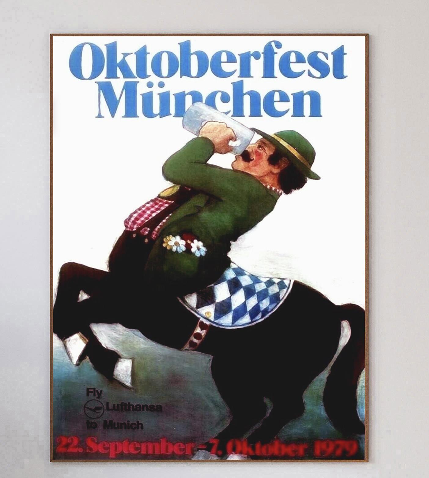 Wonderful poster depicting a centaur in traditional lederhosen drinking a beer, promoting the 1979 Oktoberfest Munchen, or Munich Octoberfest. Held between 22nd September to 7 October 1979, the annual event is the largest Volksfest in the world and