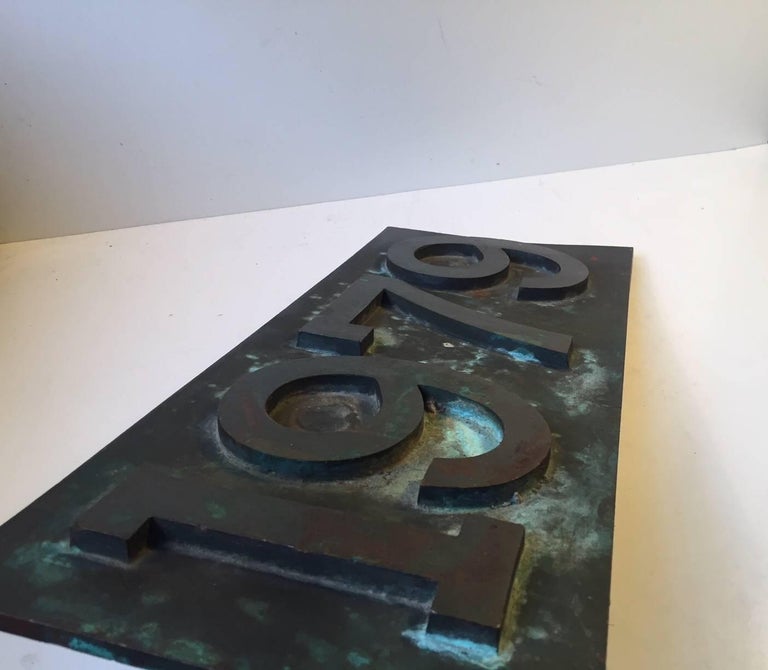 Patinated 1979, Old Danish Train Bronze Sign For Sale