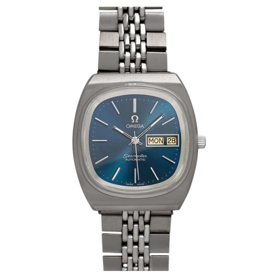 1979 Omega Seamaster Vintage Mens Bracelet Automatic Day Date Royal Blue Watch For Sale