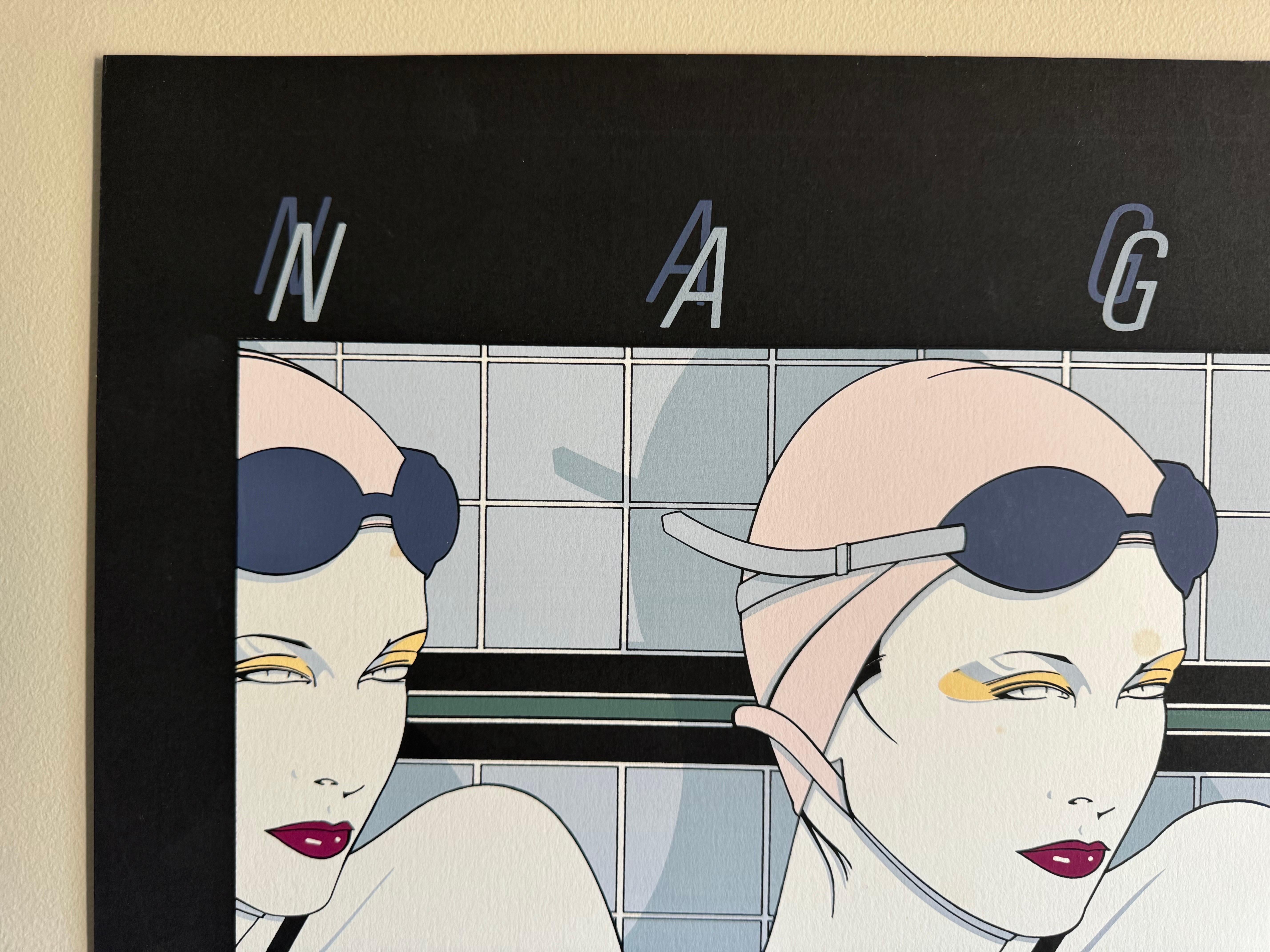 Beautiful serigraph by Patrick Nagel depicting 3 swimmers with swim cap and goggles. Printed on heavy stock in 1979 by Mirage editions in Santa Monica, California. This print is signed in plate by the artist.

Overall in excellent condition except