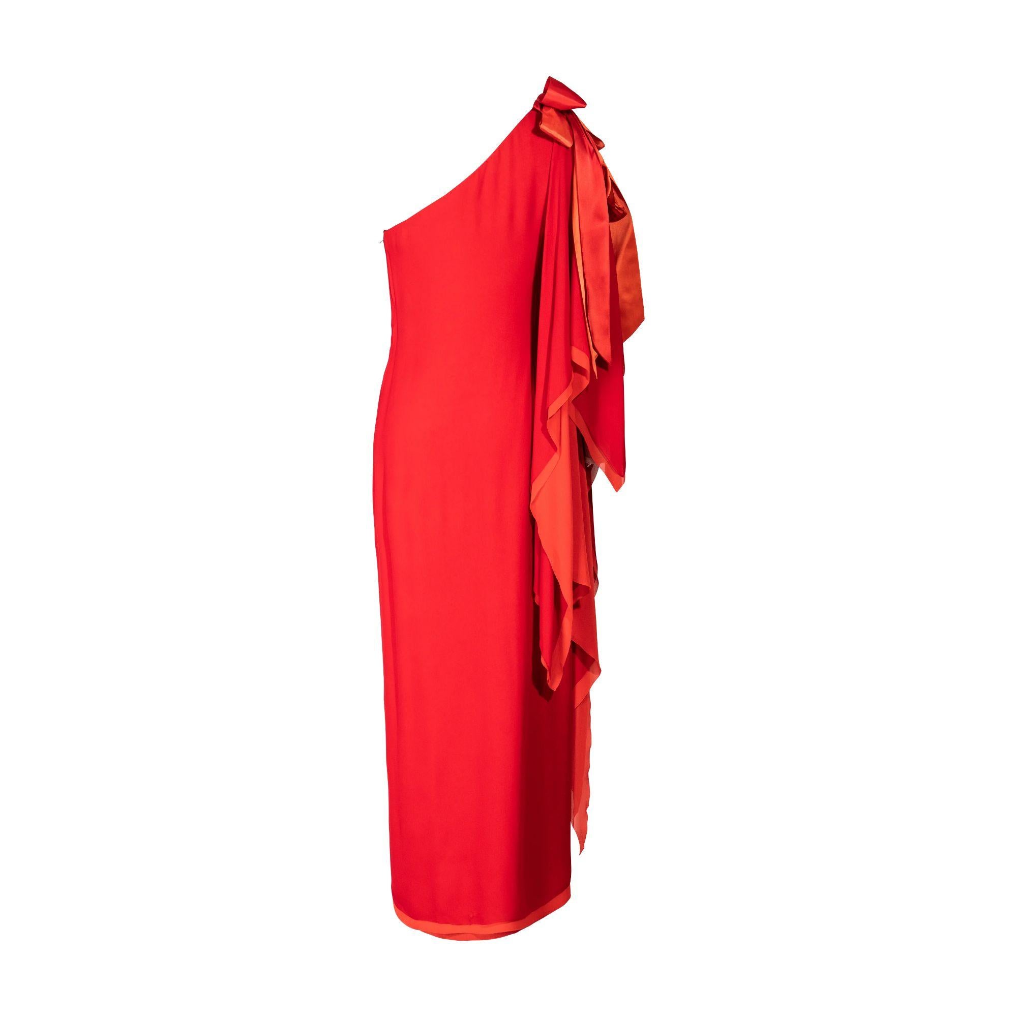 1979 Pierre Cardin Haute Couture Red and Orange Asymmetrical Silk Chiffon Gown In Good Condition In North Hollywood, CA