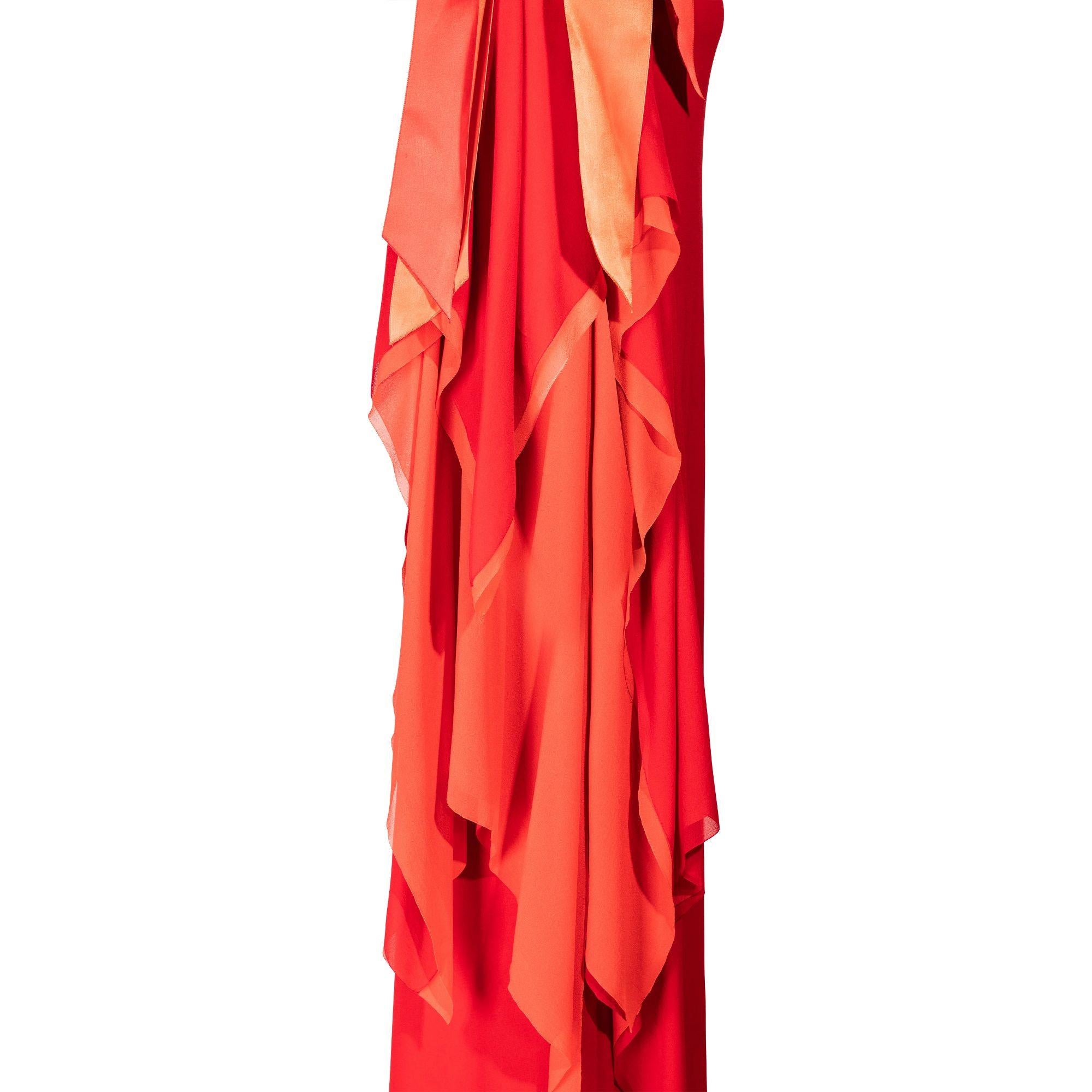 Women's 1979 Pierre Cardin Haute Couture Red and Orange Asymmetrical Silk Chiffon Gown