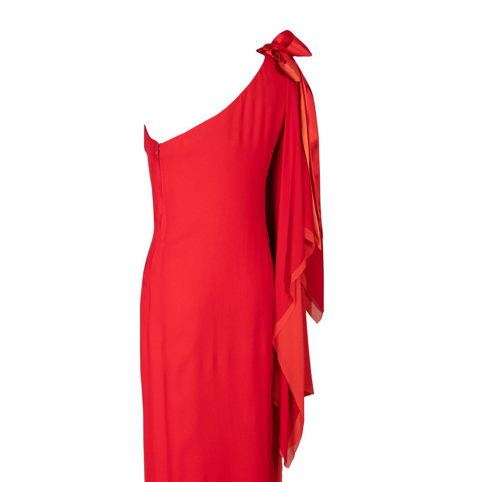 1979 Pierre Cardin Haute Couture Red and Orange Asymmetrical Silk Chiffon Gown 1