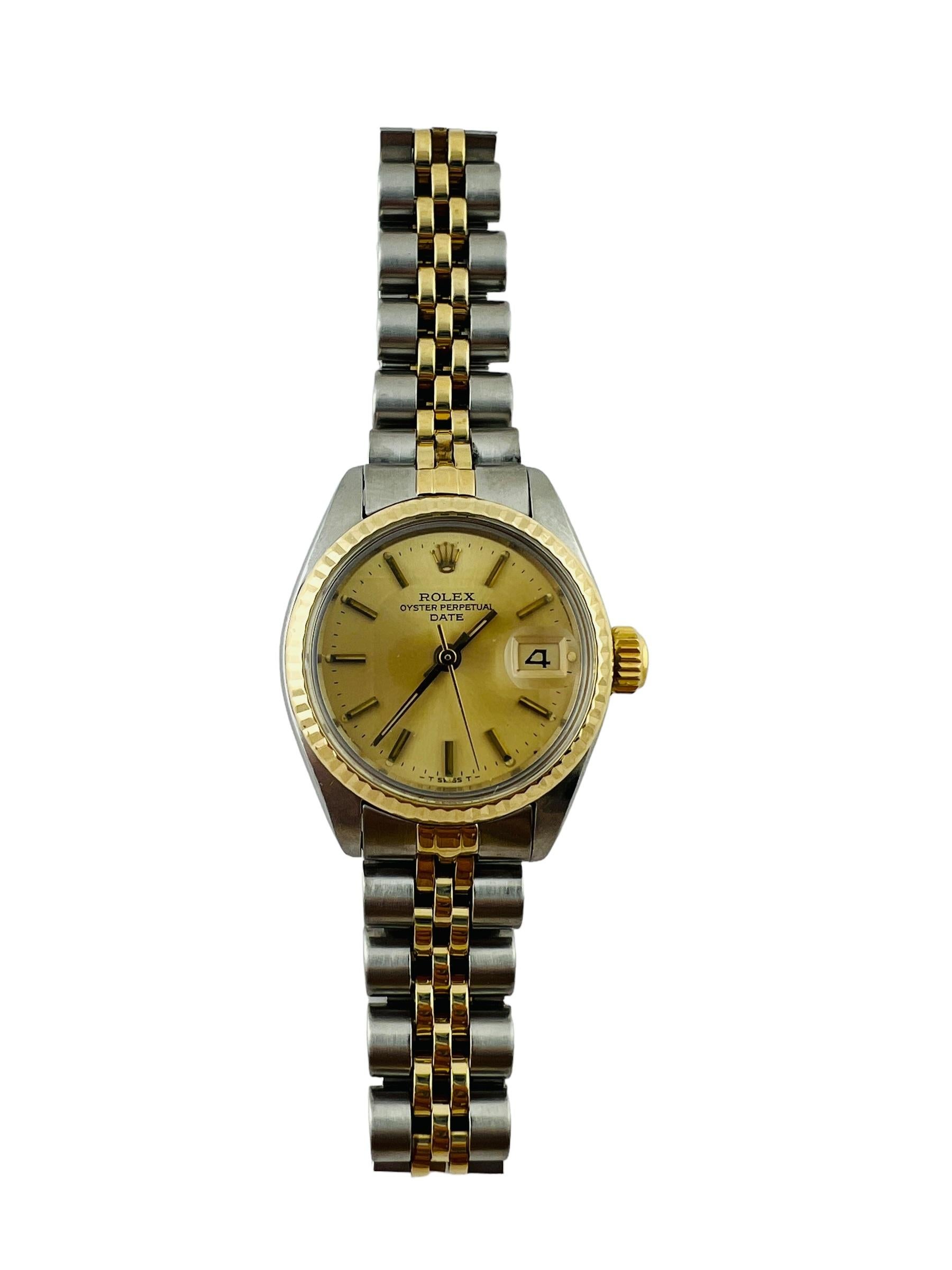 1979 Rolex Ladies Two Tone Datejust Watch

Model: 6917
Serial: 5928731

Automatic Movement

26 mm case

Champagne stick dial. 18K yellow gold bezel

two tone jubilee band has stretch - fits up to 7