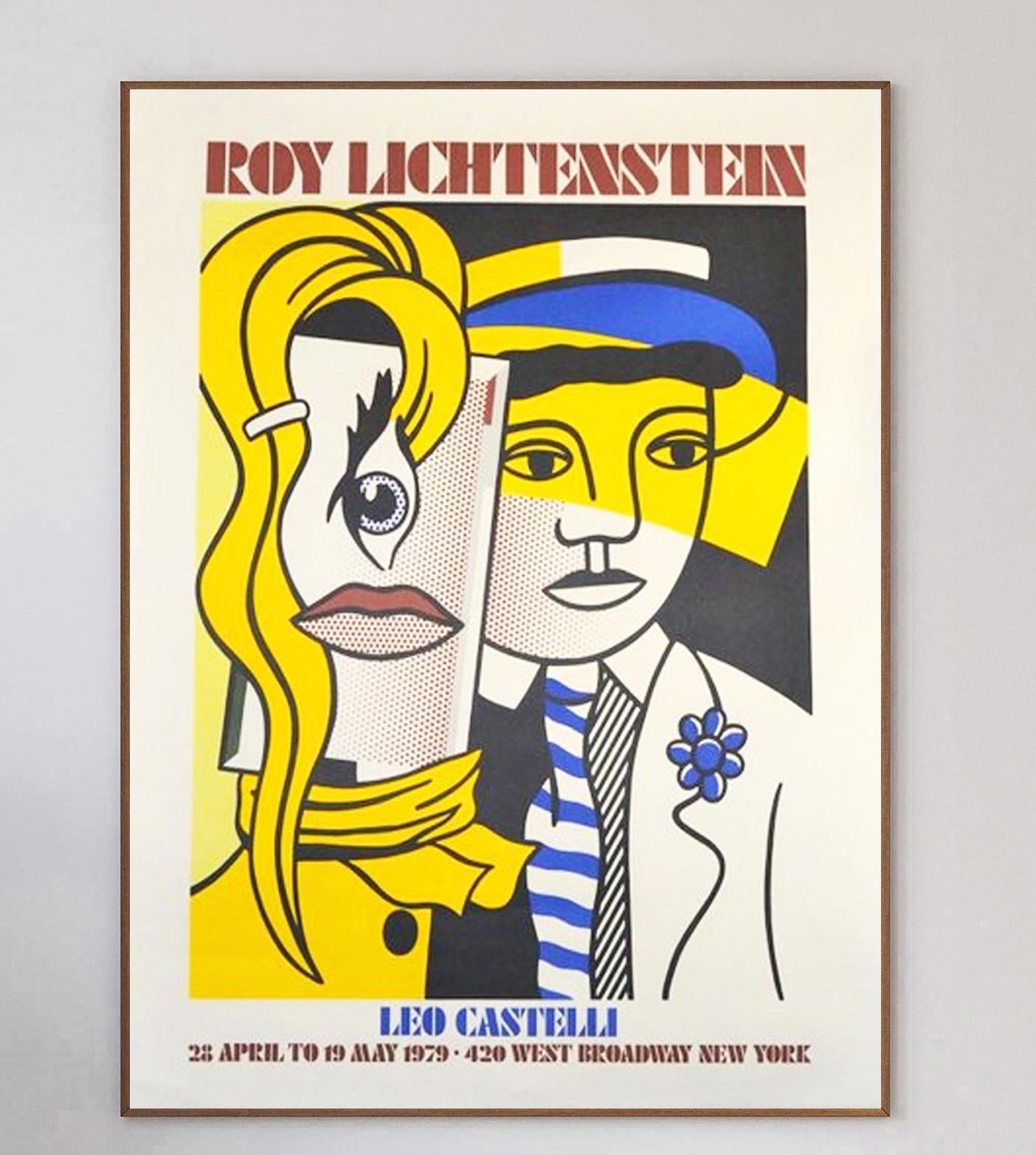 A beautiful and extremely rare piece, this poster is for Roy Lichtenstein's exhibition at the Leo Castelli Gallery on West Broadway in New York in 1979 and features Lichtenstein's artwork 