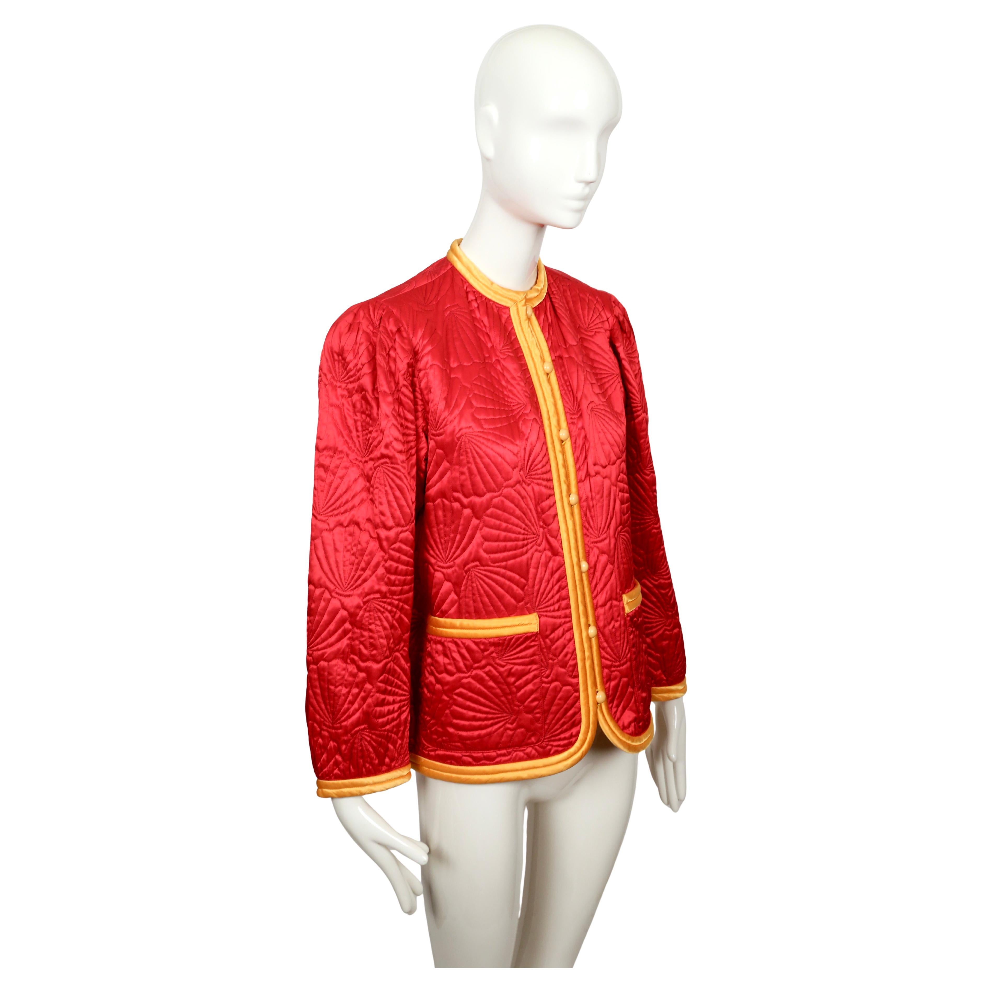 Rouge 1979 SAINT LAURENT red satin RUNWAY jacket with seashell embroidery en vente