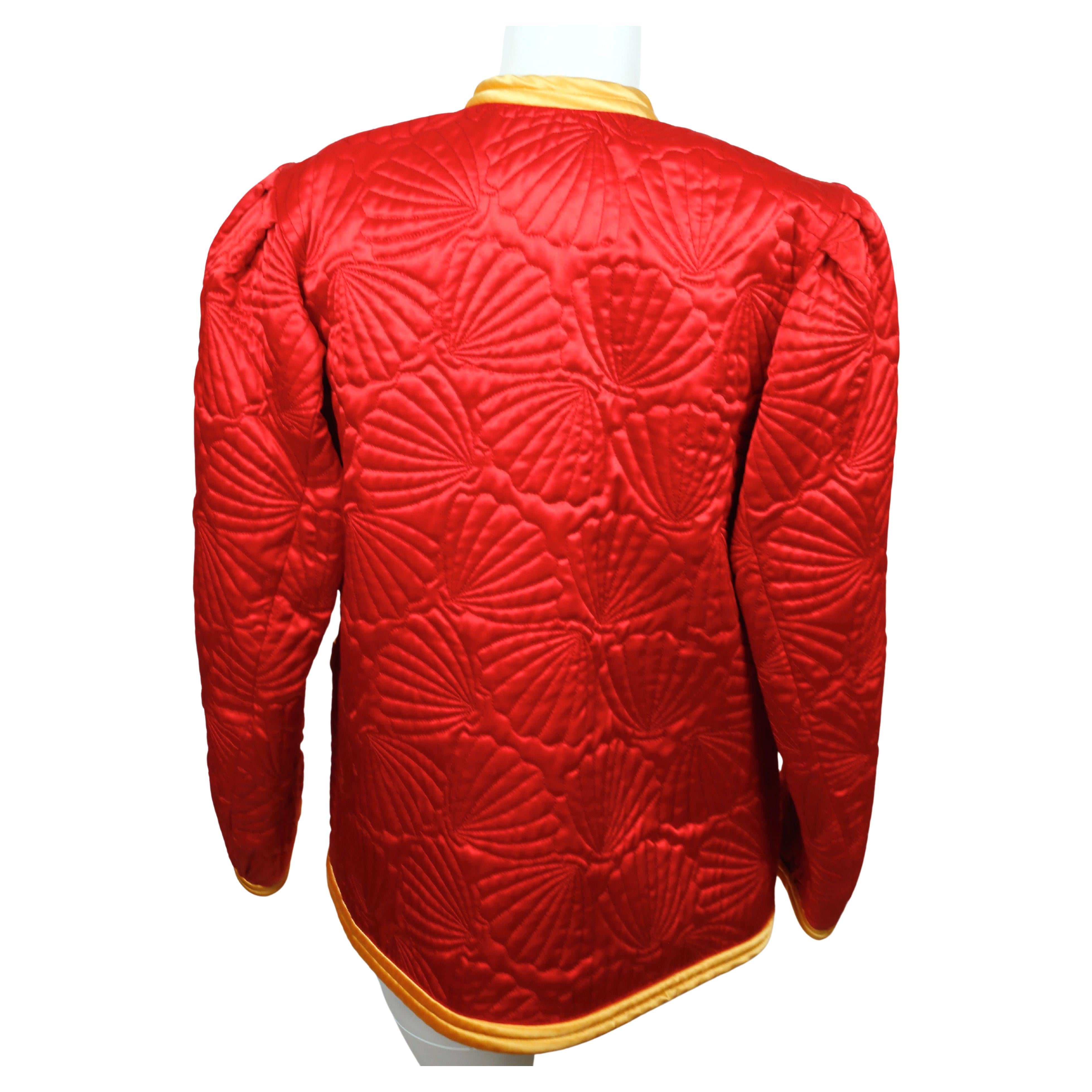 1979 SAINT LAURENT red satin RUNWAY jacket with seashell embroidery   In Good Condition For Sale In San Fransisco, CA