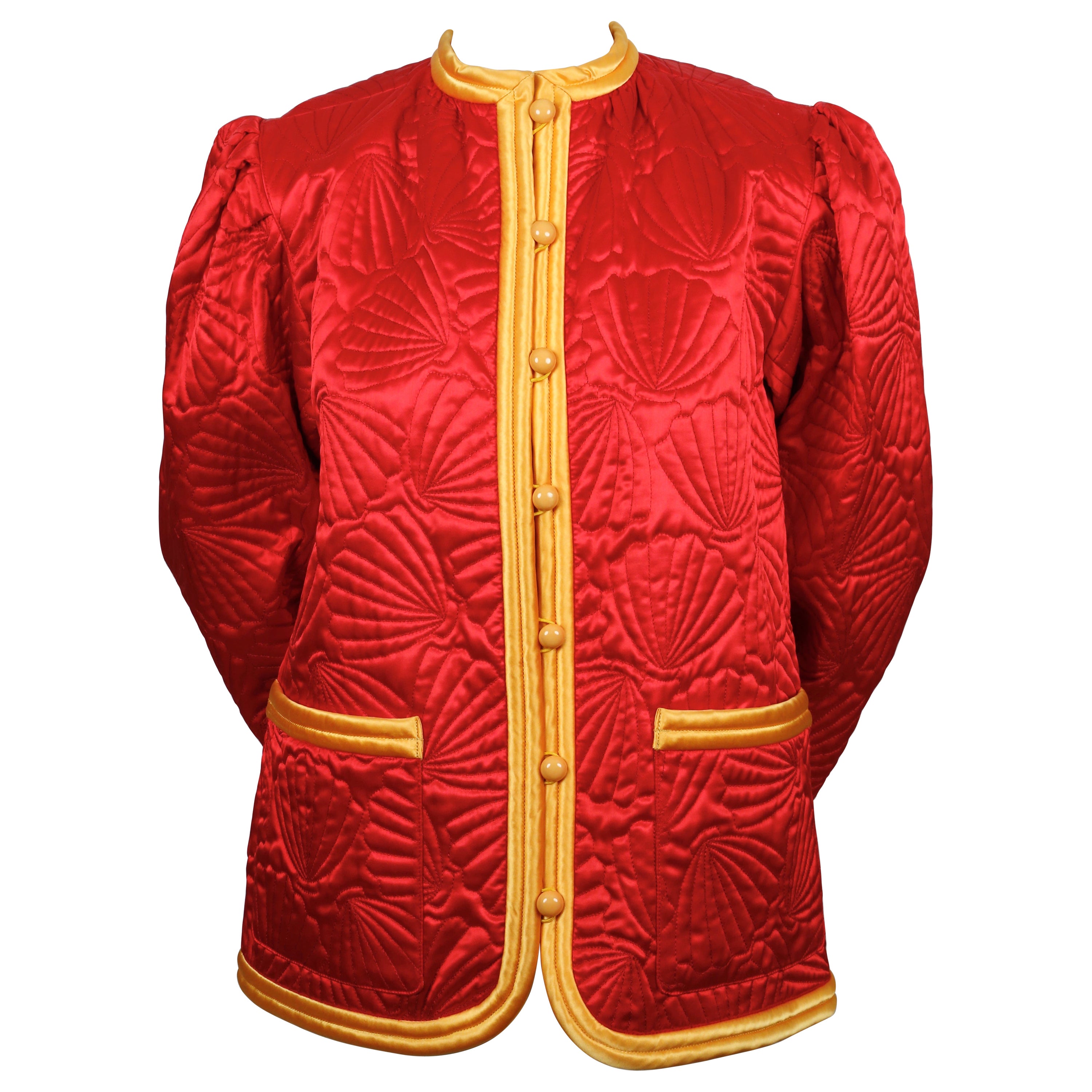 1979 SAINT LAURENT red satin RUNWAY jacket with seashell embroidery For Sale