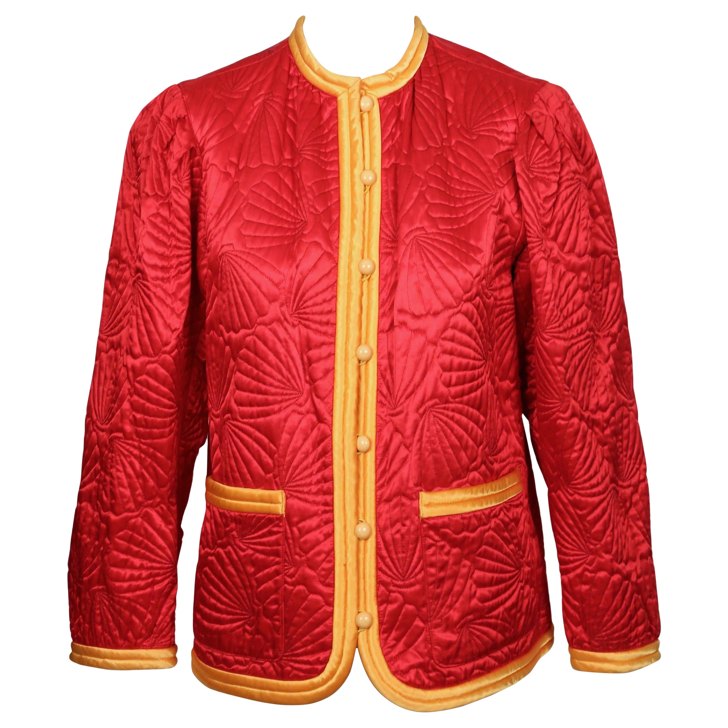 1979 SAINT LAURENT red satin RUNWAY jacket with seashell embroidery en vente
