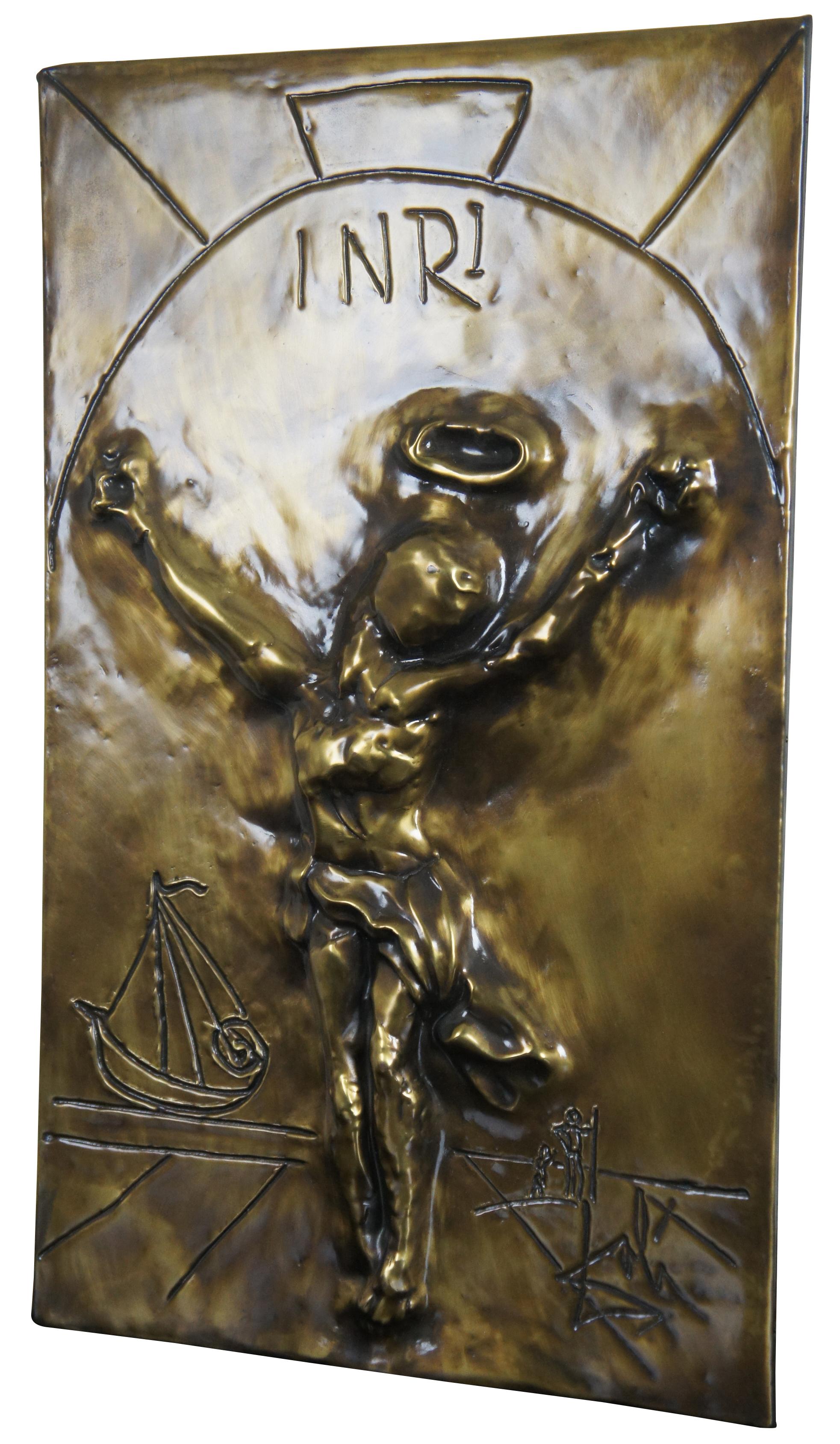 1979 Salvador Dali Christ of Saint John of the Cross bas relief bronze plaque

Christ of St. John of The Cross, a bas relief sculpture by Salvador Dali with a bronze finish depicting crucifixion image of Christ with INRI above head and a sailboat