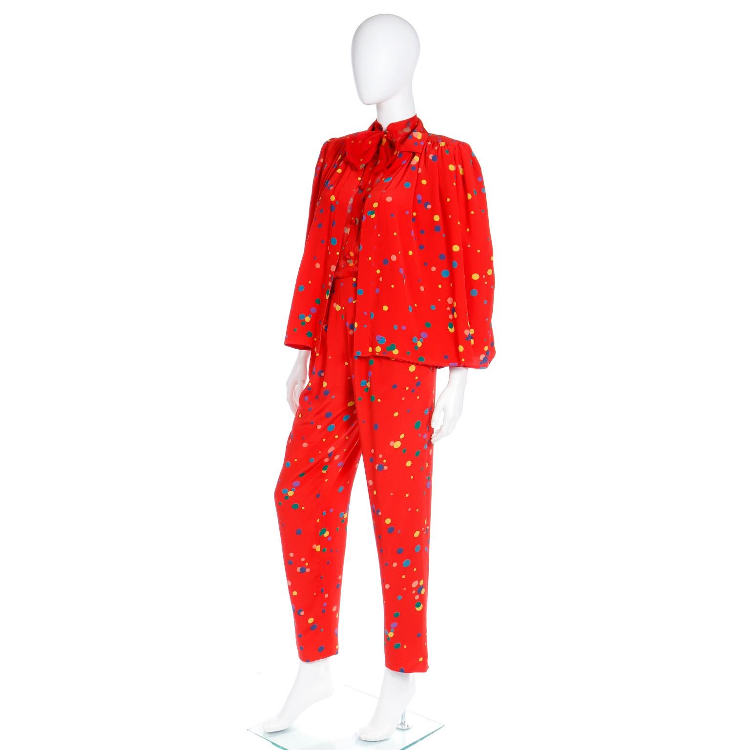 1979 Valentino Couture Red Silk Polka Dot 3pc Outfit W Bow Blouse Pants & Jacket 8