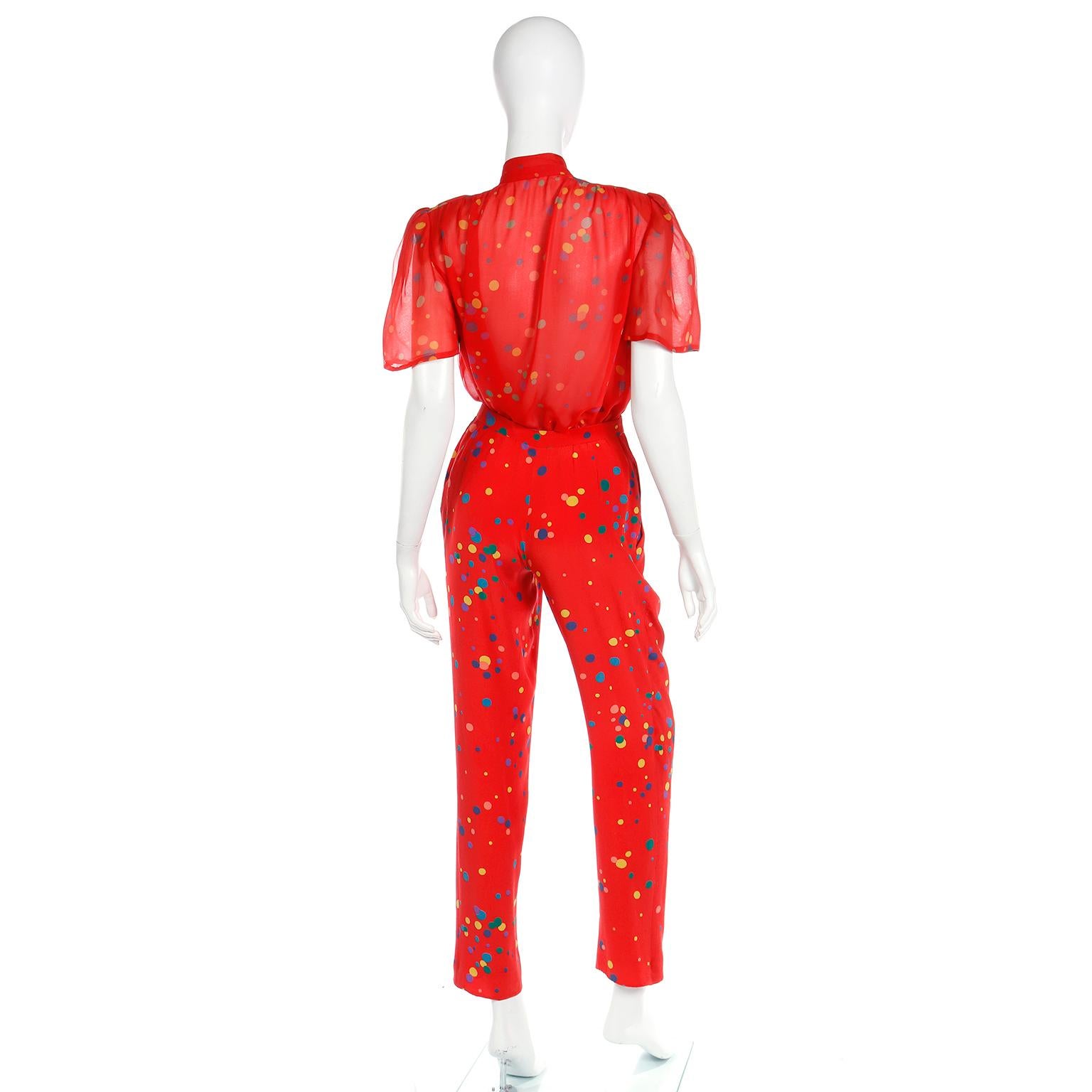 1979 Valentino Couture Red Silk Polka Dot 3pc Outfit W Bow Blouse Pants & Jacket 9