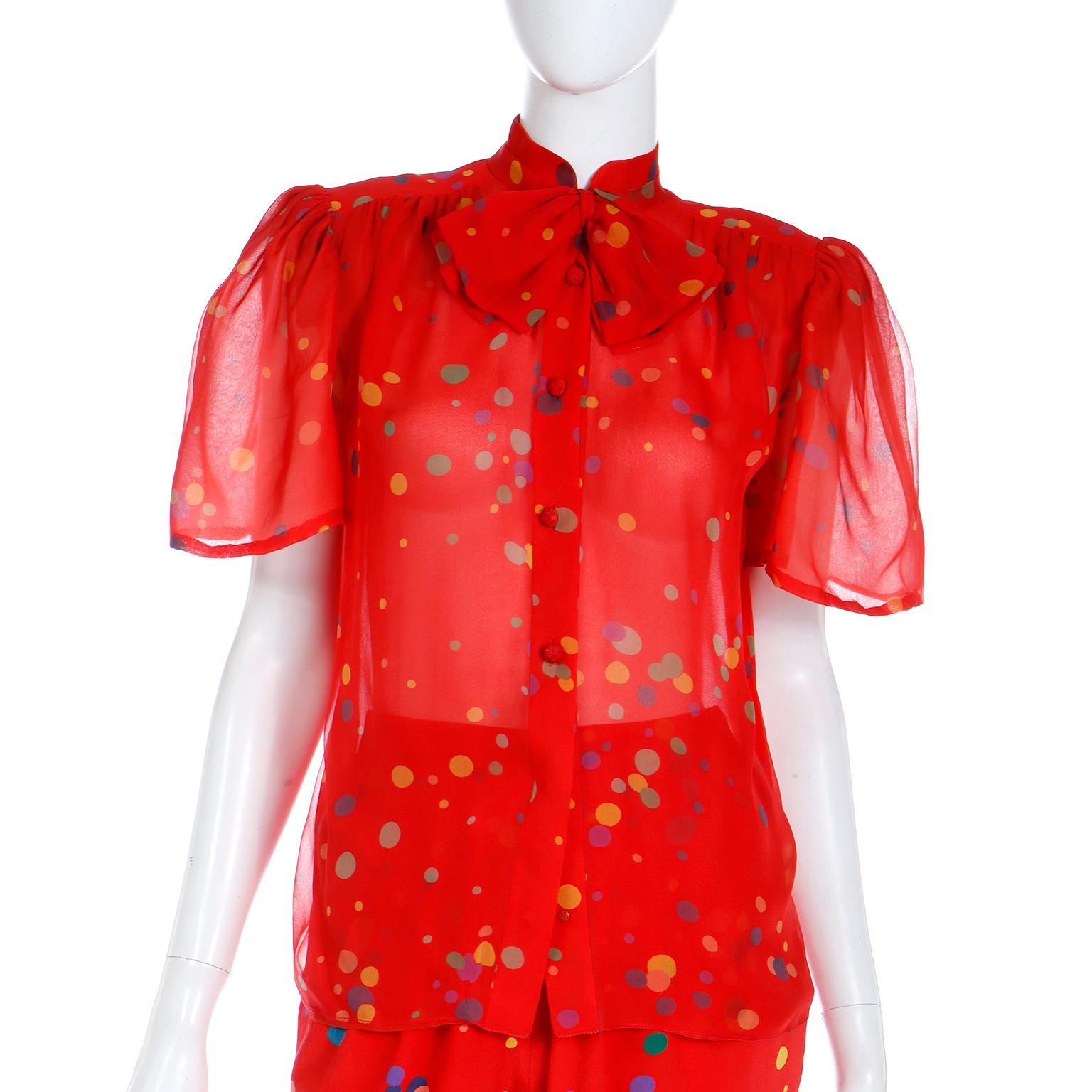 1979 Valentino Couture Red Silk Polka Dot 3pc Outfit W Bow Blouse Pants & Jacket 10
