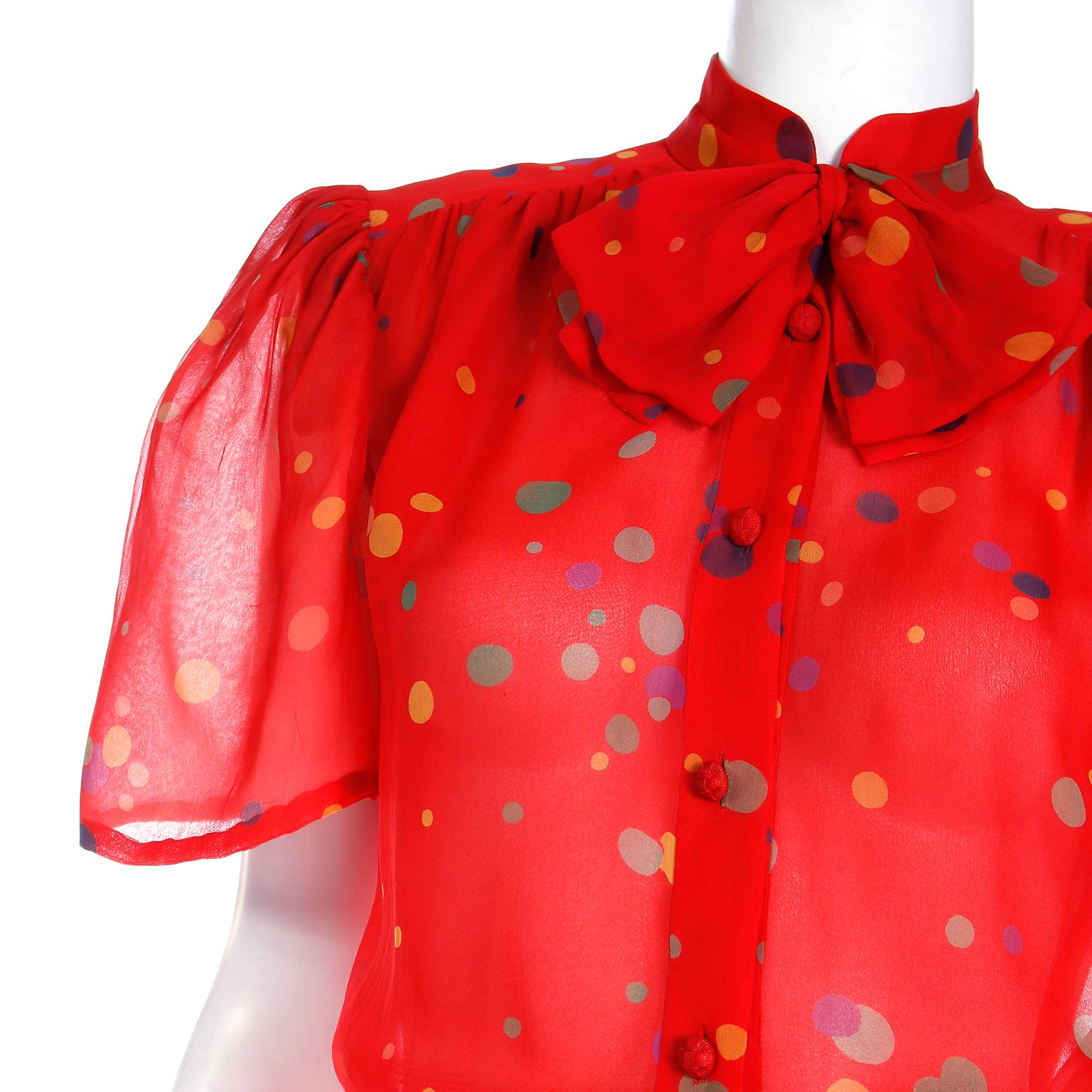 1979 Valentino Couture Red Silk Polka Dot 3pc Outfit W Bow Blouse Pants & Jacket 11