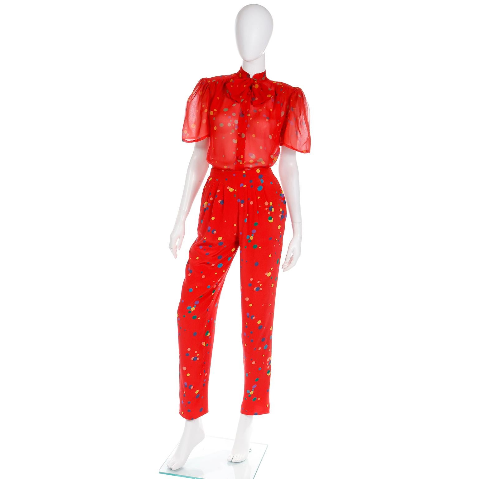 1979 Valentino Couture Red Silk Polka Dot 3pc Outfit W Bow Blouse Pants & Jacket 1