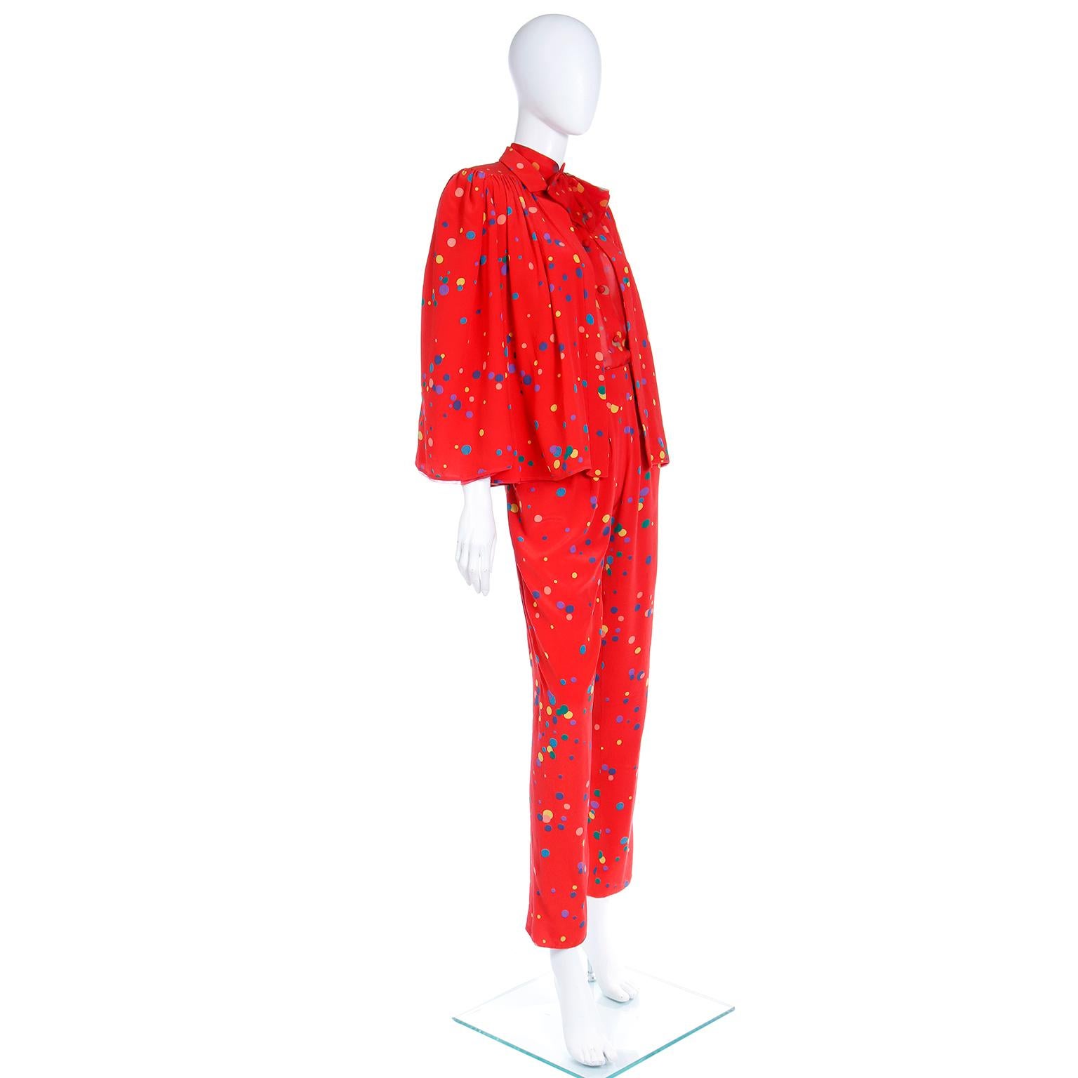 1979 Valentino Couture Red Silk Polka Dot 3pc Outfit W Bow Blouse Pants & Jacket 2