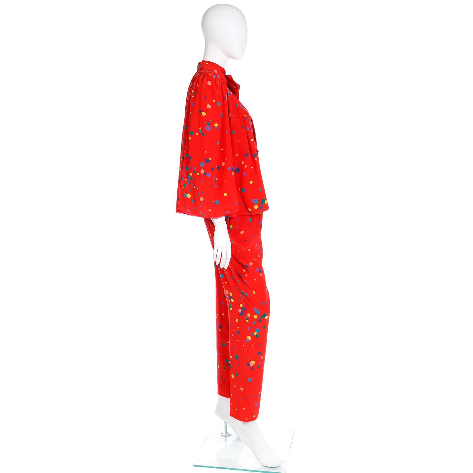 1979 Valentino Couture Red Silk Polka Dot 3pc Outfit W Bow Blouse Pants & Jacket 3