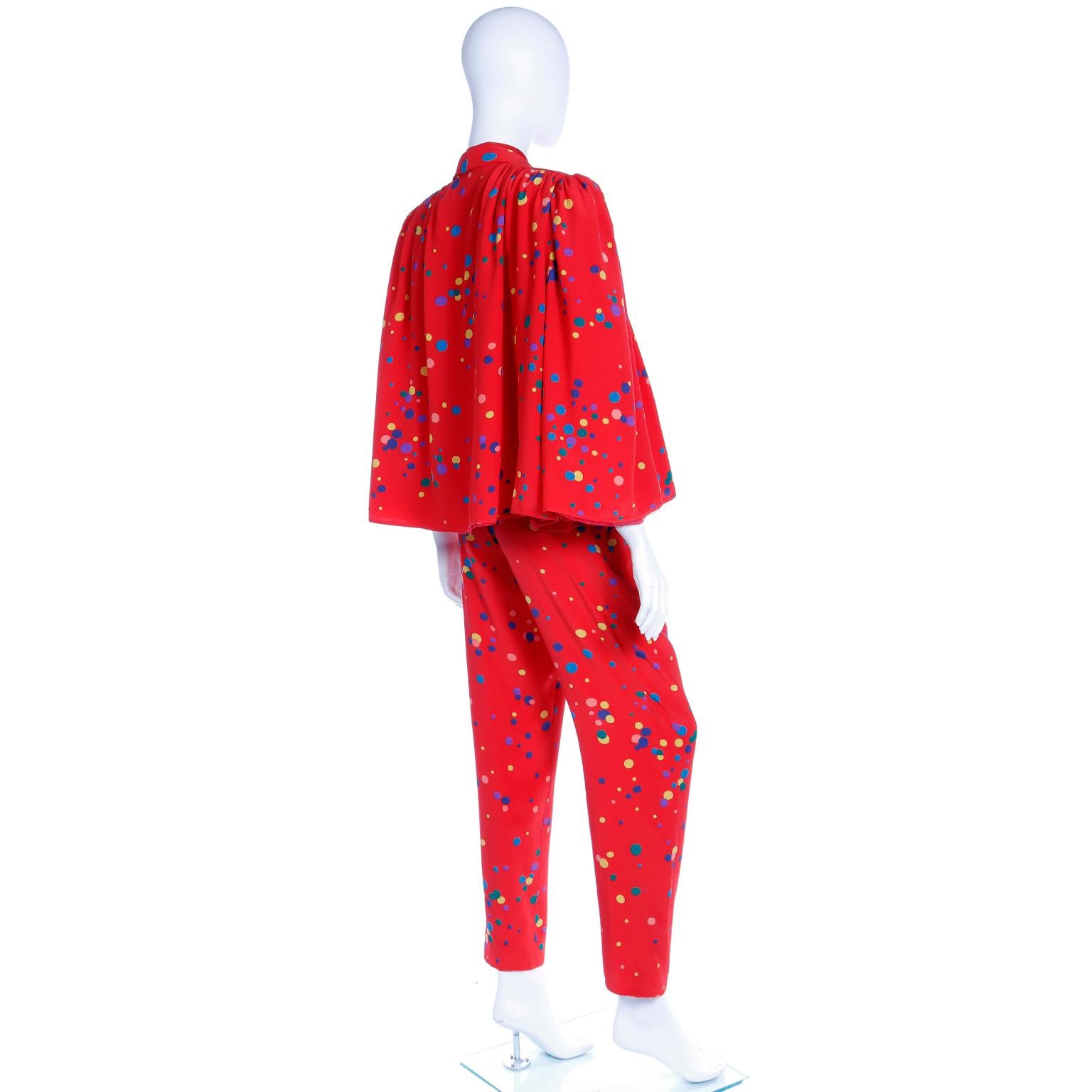 1979 Valentino Couture Red Silk Polka Dot 3pc Outfit W Bow Blouse Pants & Jacket 4