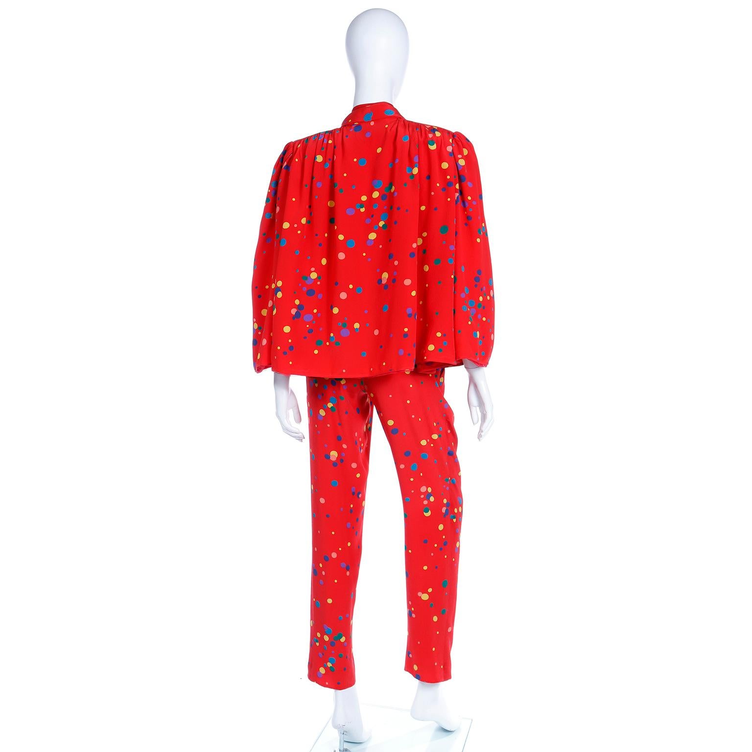 1979 Valentino Couture Red Silk Polka Dot 3pc Outfit W Bow Blouse Pants & Jacket 5