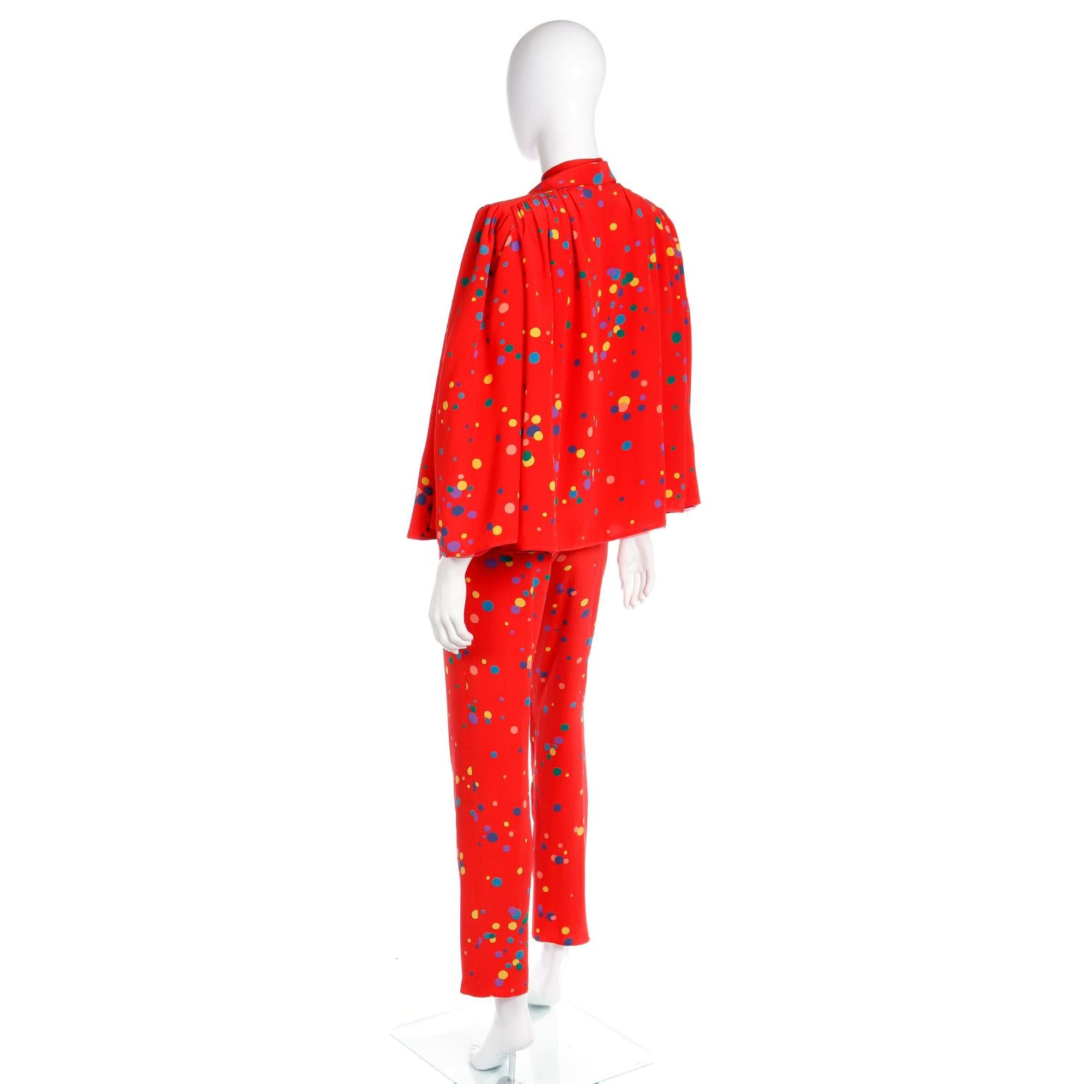 1979 Valentino Couture Red Silk Polka Dot 3pc Outfit W Bow Blouse Pants & Jacket 6
