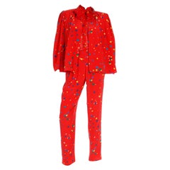 1979 Valentino Couture Red Silk Polka Dot 3pc Outfit W Bow Blouse Pants & Jacket