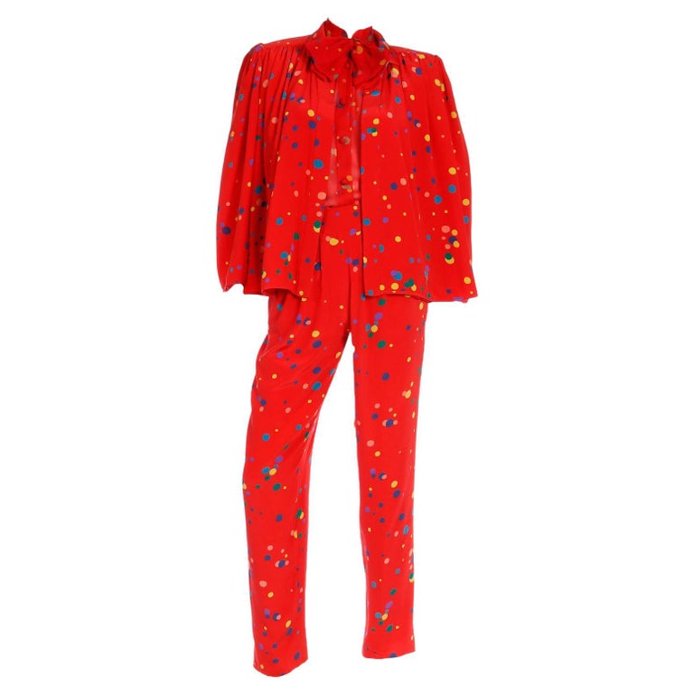 1979 Valentino Couture Red Silk Polka Dot 3pc Outfit W Bow Blouse Pants ...