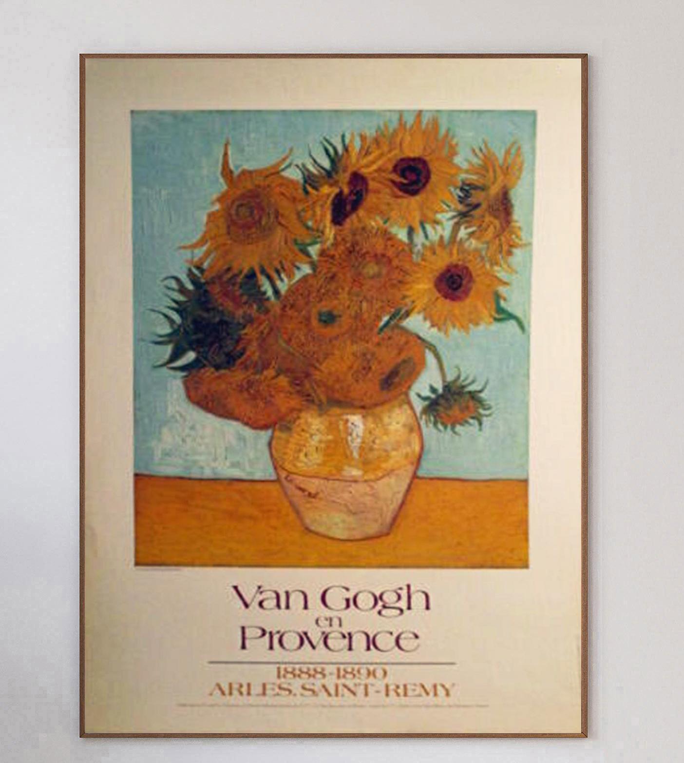 Beautiful poster advertising an exhibition of the legendary Dutch expressionist painter Vincent Van Gogh. Celebrating his period in Provence between Arles and Saint Remy, this beautiful piece depicts his 1888 masterpiece 