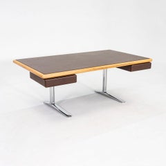 1979 Warren Platner per Knoll Scrivania direzionale in pelle, Oak e acciaio cromato